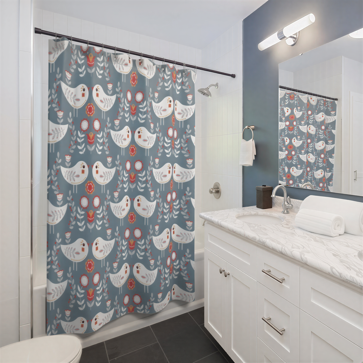 Christmas Shower Curtain Gray White Nordic Folk Birds hanging in a bathroom