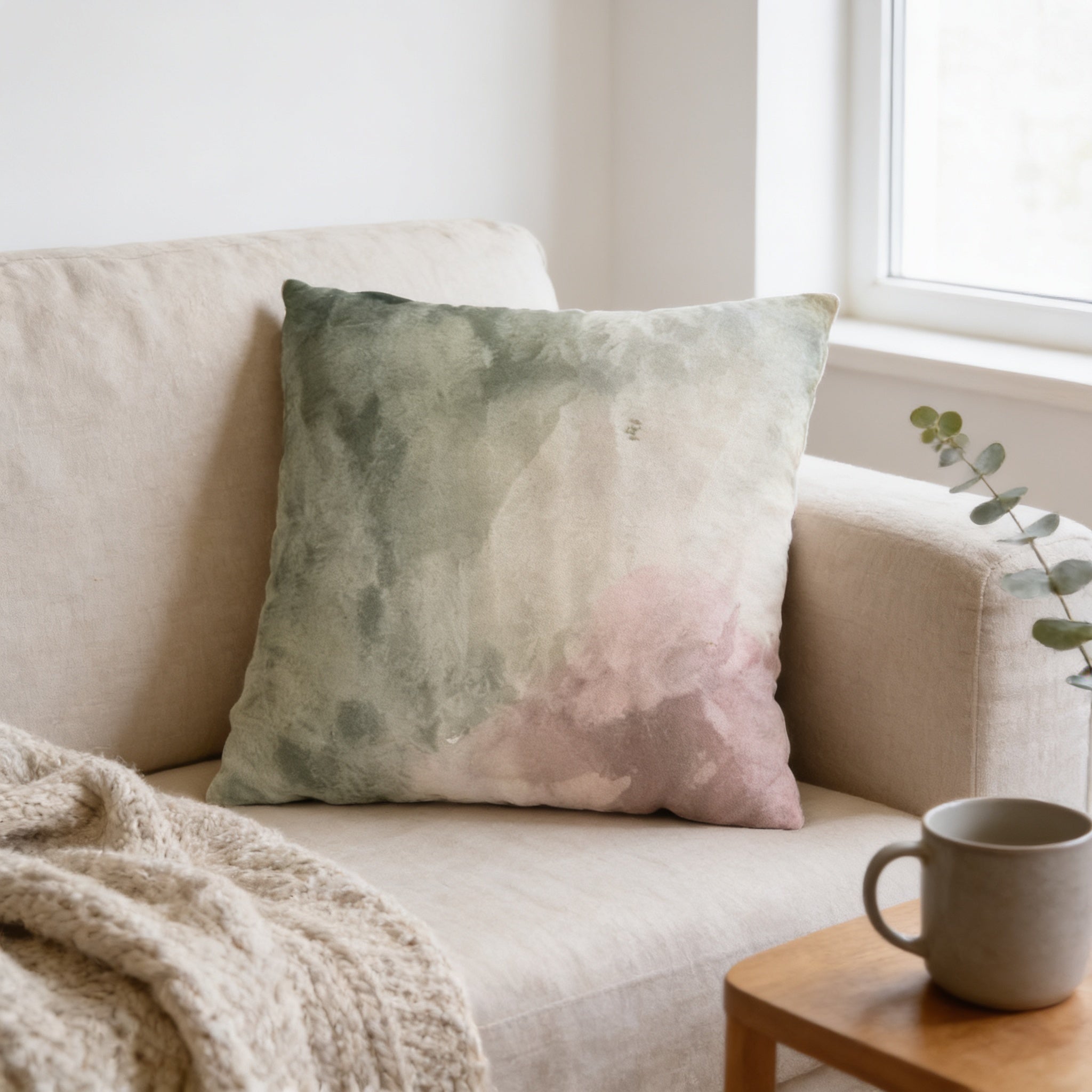 a cozy living room setting with a beige sofa, a green and pink throw pillow, and a wooden side table with a coffee mug.
