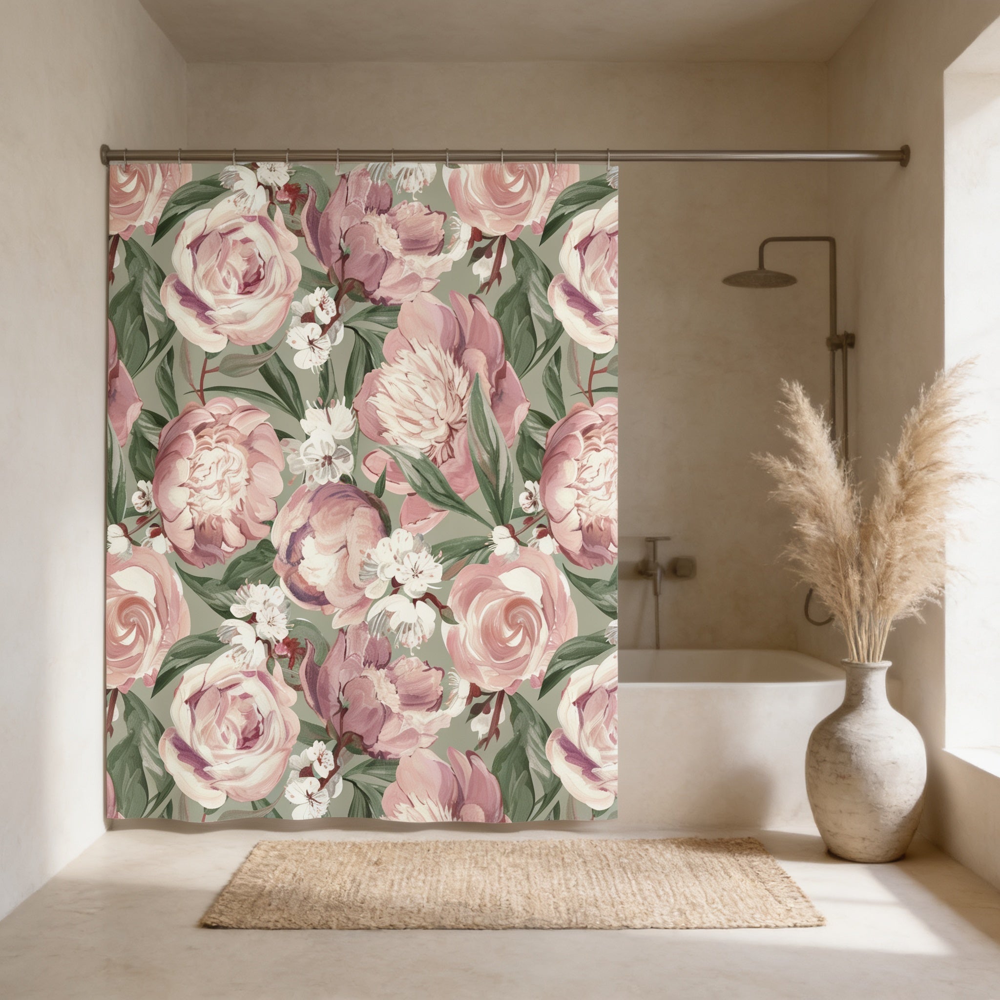 a bathroom with a shower curtain adorned with a floral pattern of pink and white flowers. The shower curtain is hanging in front of a white bathtub, and there is a vase of dried flowers placed on the floor next to the bathtub.
