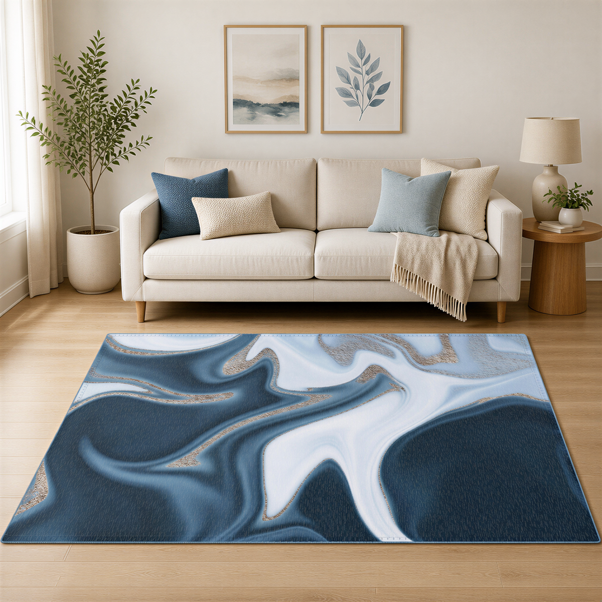 a living room with a beige sofa, a blue and white abstract rug, and two framed artworks on the wall.