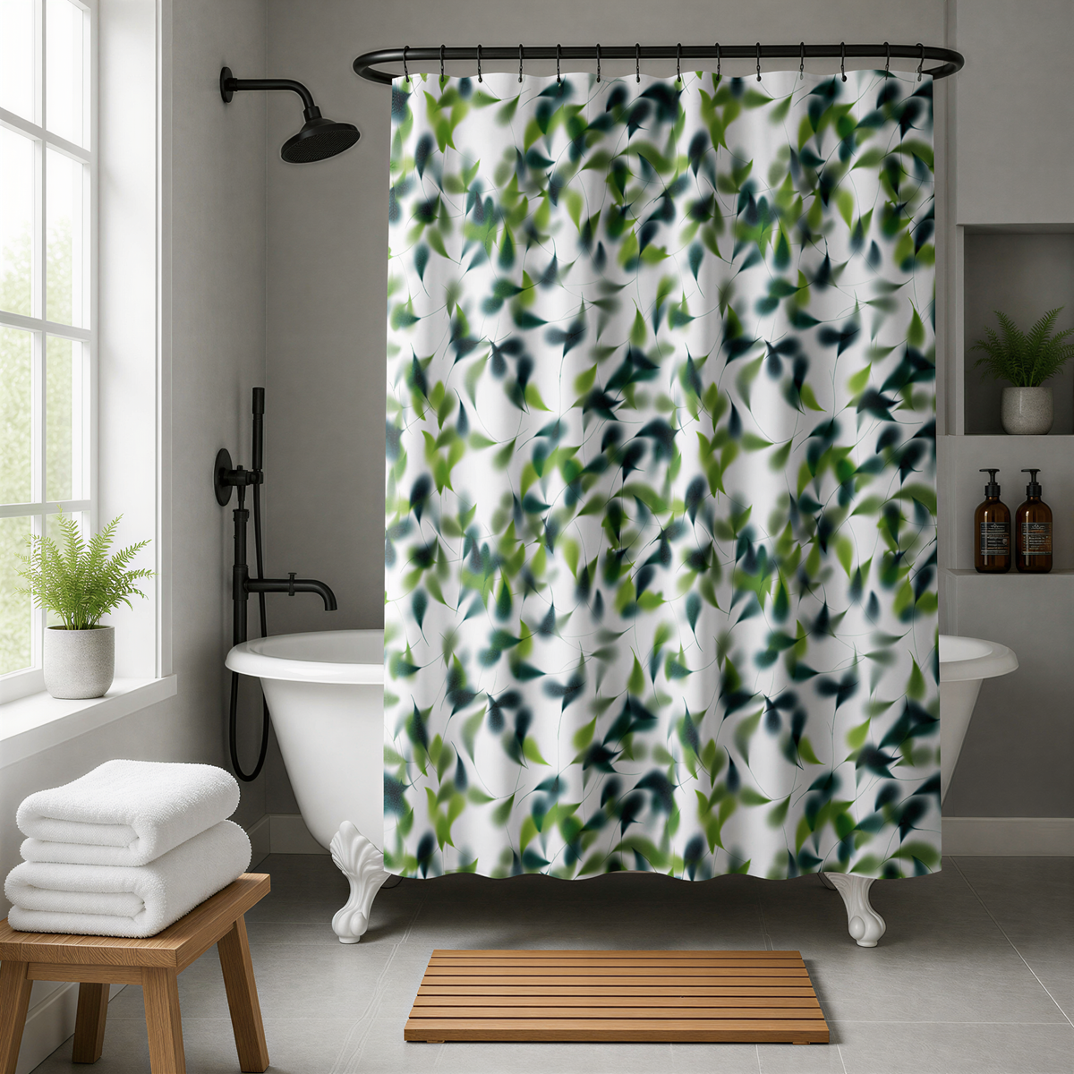 a bathroom with a white clawfoot bathtub, a shower curtain with a leafy green pattern, and a wooden stool.