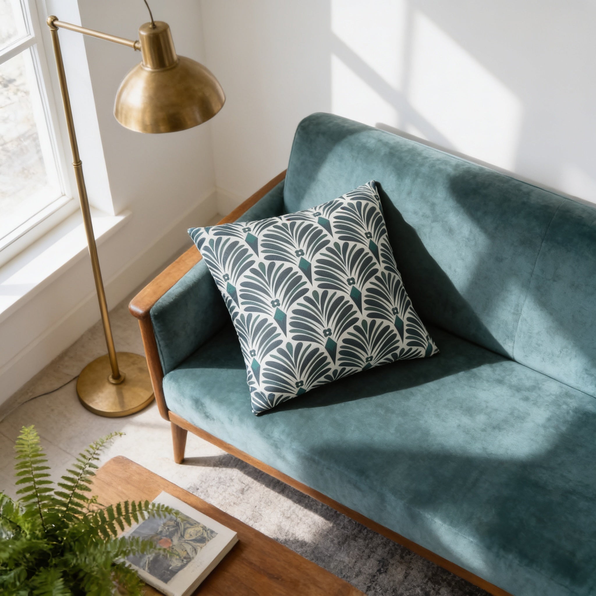 a cozy living room with a blue velvet sofa, a gold floor lamp, and a wooden coffee table. The sofa has a patterned throw pillow, and there is a plant on the coffee table.