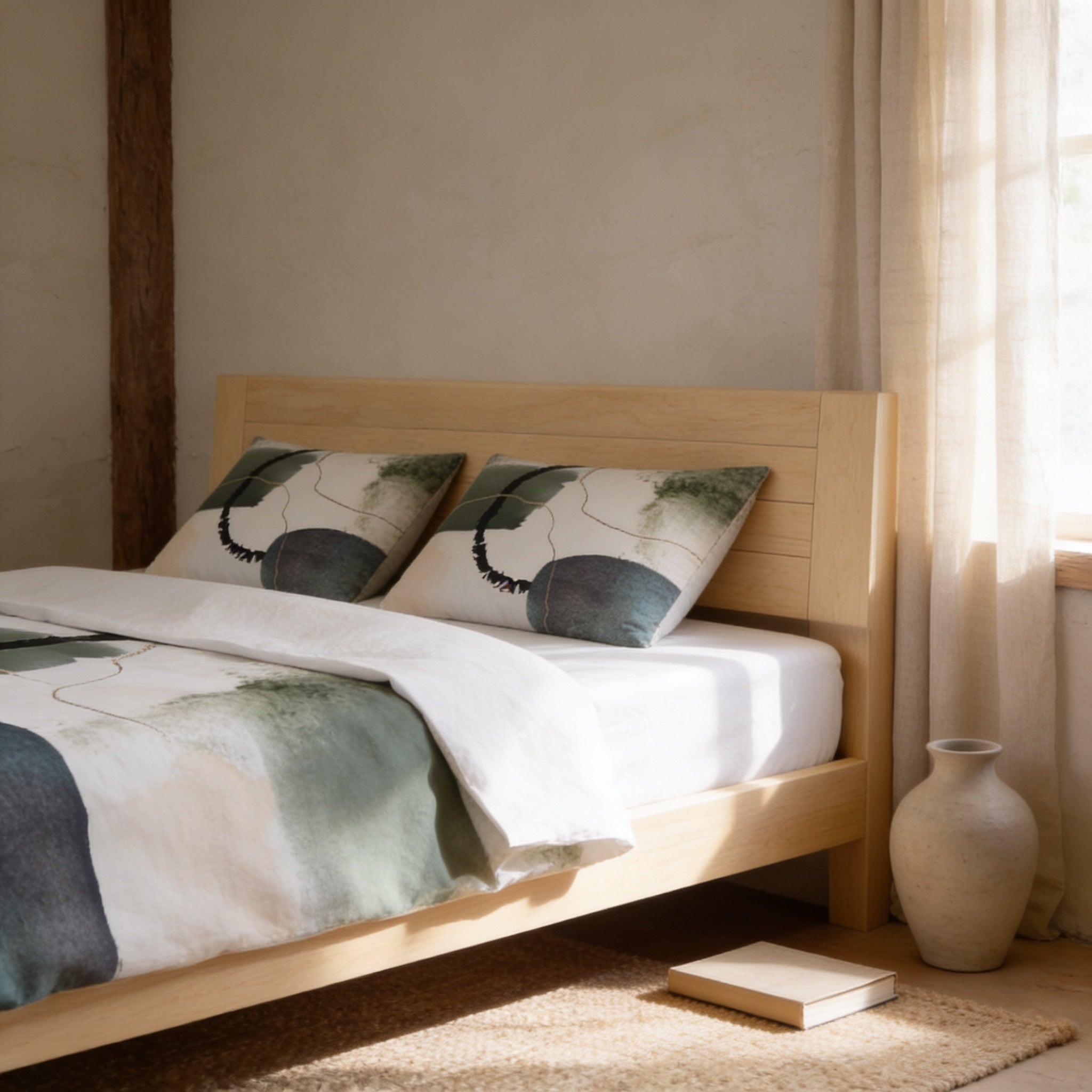 a serene and cozy bedroom scene, featuring a wooden bed with a white and green patterned comforter and two matching pillows. A white vase is placed on the floor next to the bed, and a book is resting on the bed, suggesting a peaceful and relaxing atmosphere.