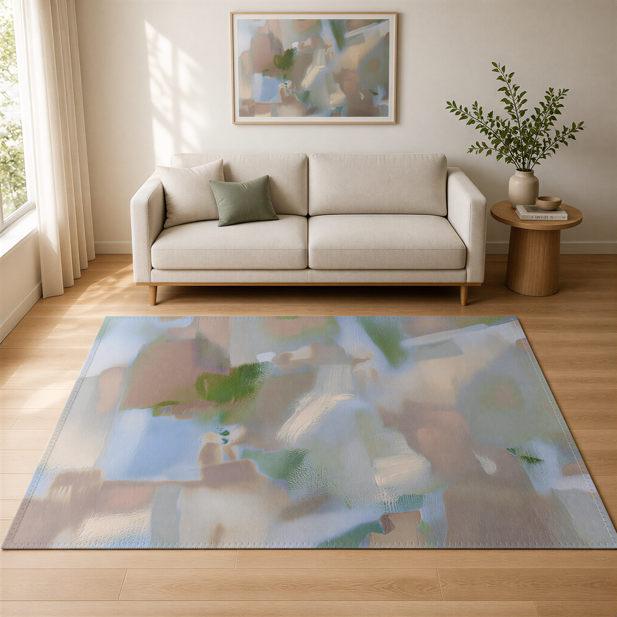 a living room with a beige sofa, a large abstract rug, and a wooden side table with a plant. The room has a window and a painting on the wall.