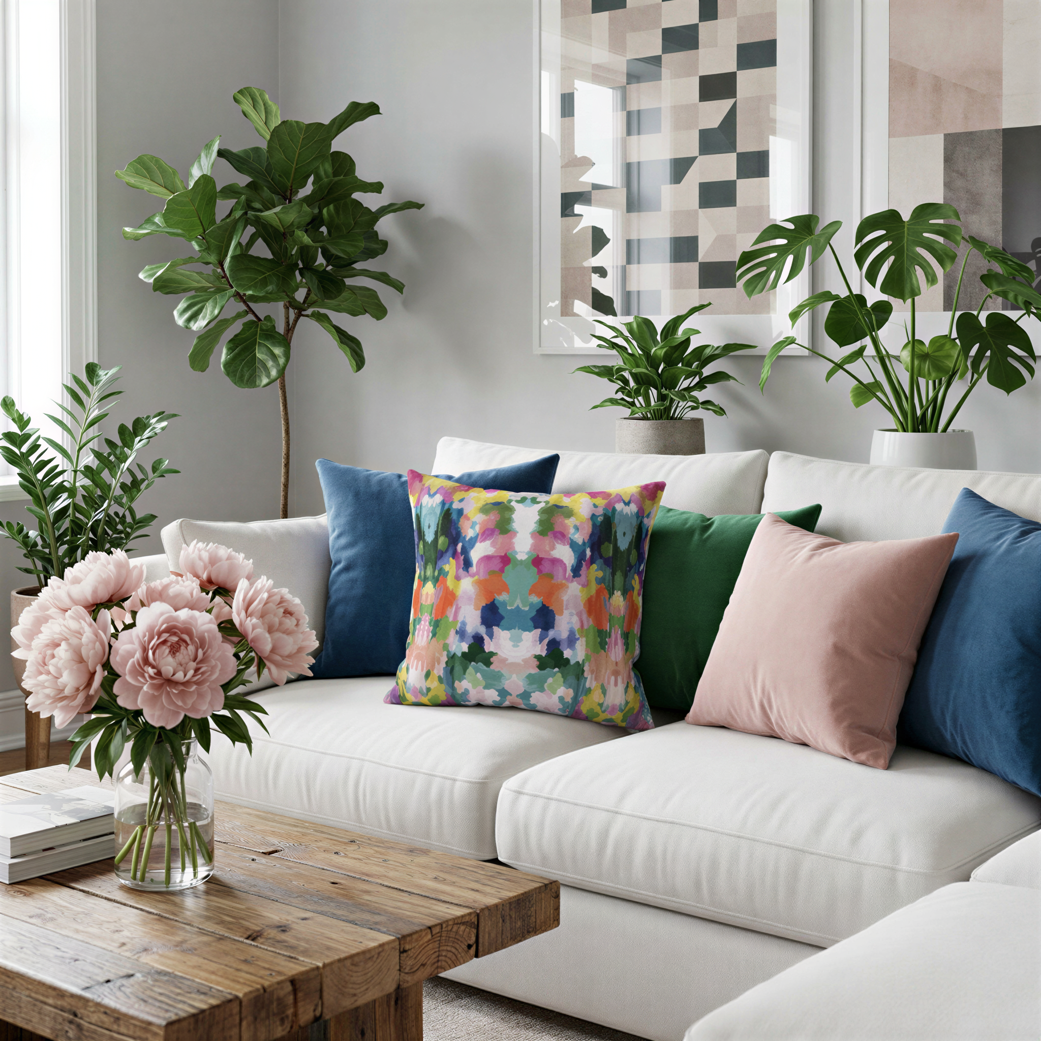 a cozy living room with a white sofa adorned with colorful throw pillows, a wooden coffee table, and several potted plants. The room is illuminated by natural light from a window, creating a warm and inviting atmosphere.