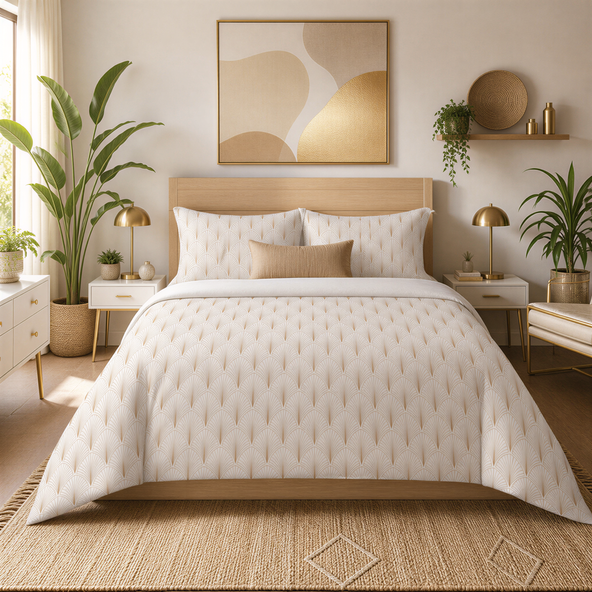 a well-decorated bedroom with a large bed, a wooden headboard, and a large abstract painting on the wall. The room is adorned with various plants and decorative items, creating a cozy and inviting atmosphere.