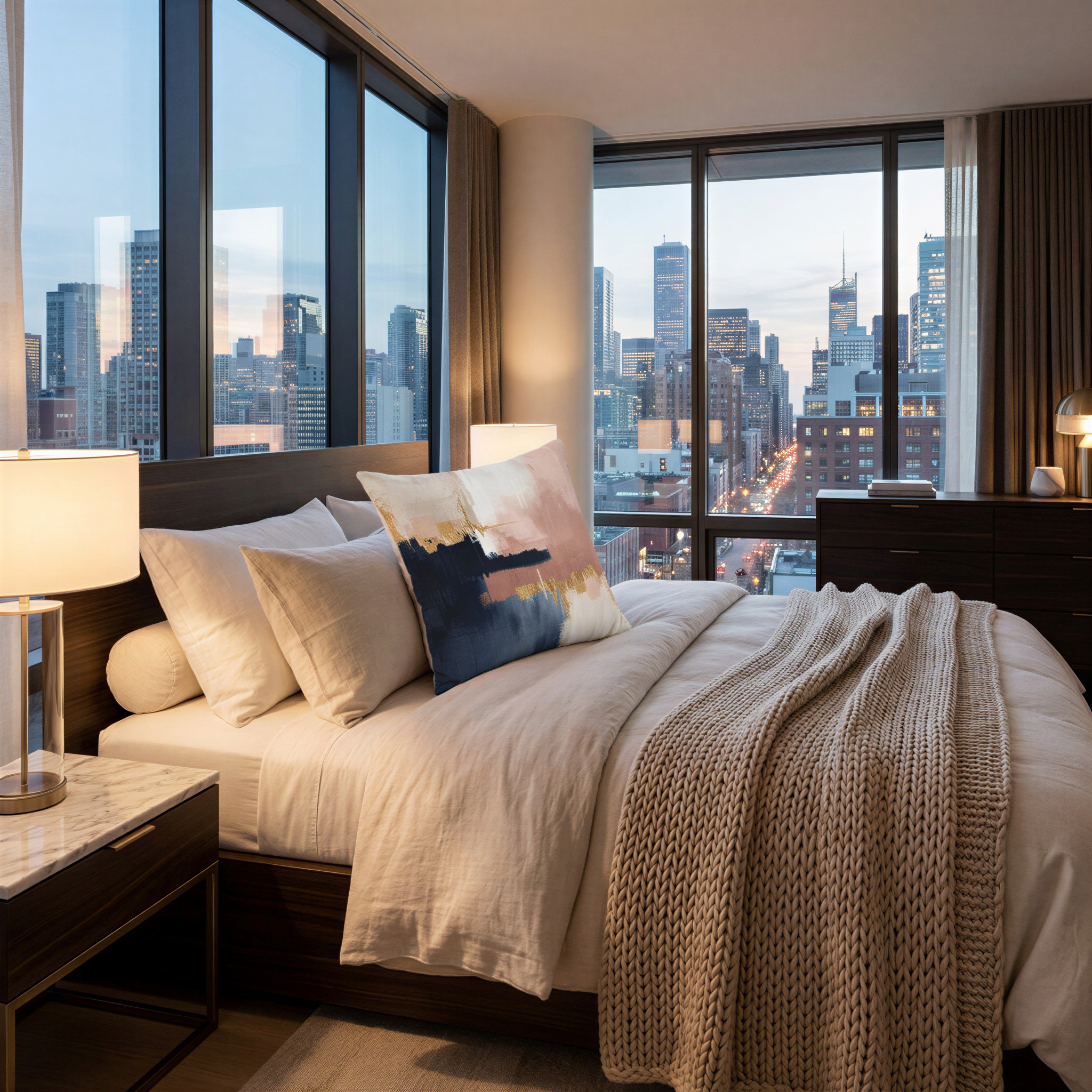 a luxurious bedroom with a large bed, a nightstand, and a dresser. The bed is covered in white linens and has a throw blanket on it. The room has large windows that offer a view of the city skyline, creating a serene and relaxing atmosphere.