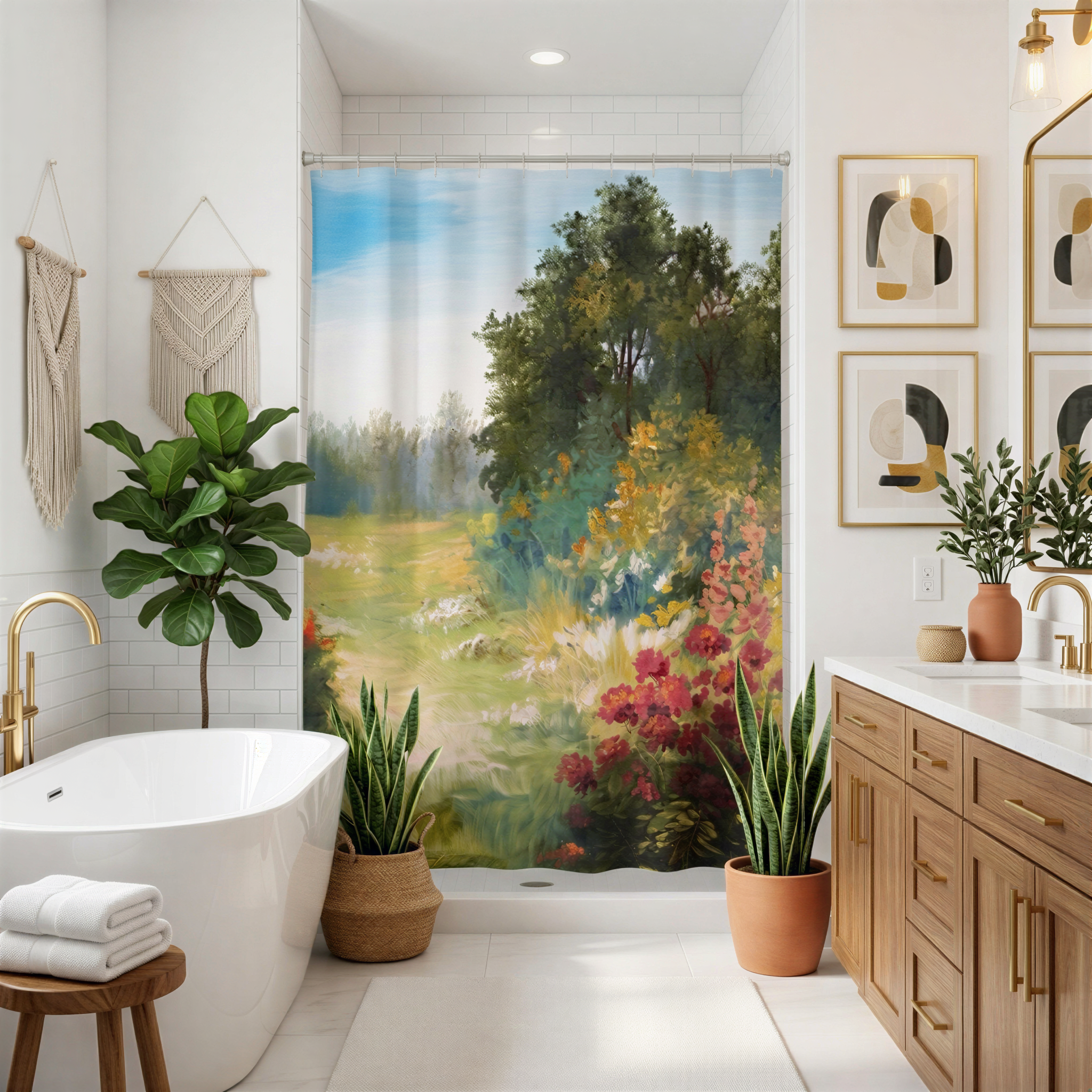 a serene and lush bathroom scene, featuring a large window with a vibrant painting of a field and trees, a white freestanding bathtub, a wooden vanity with a sink, and several potted plants.