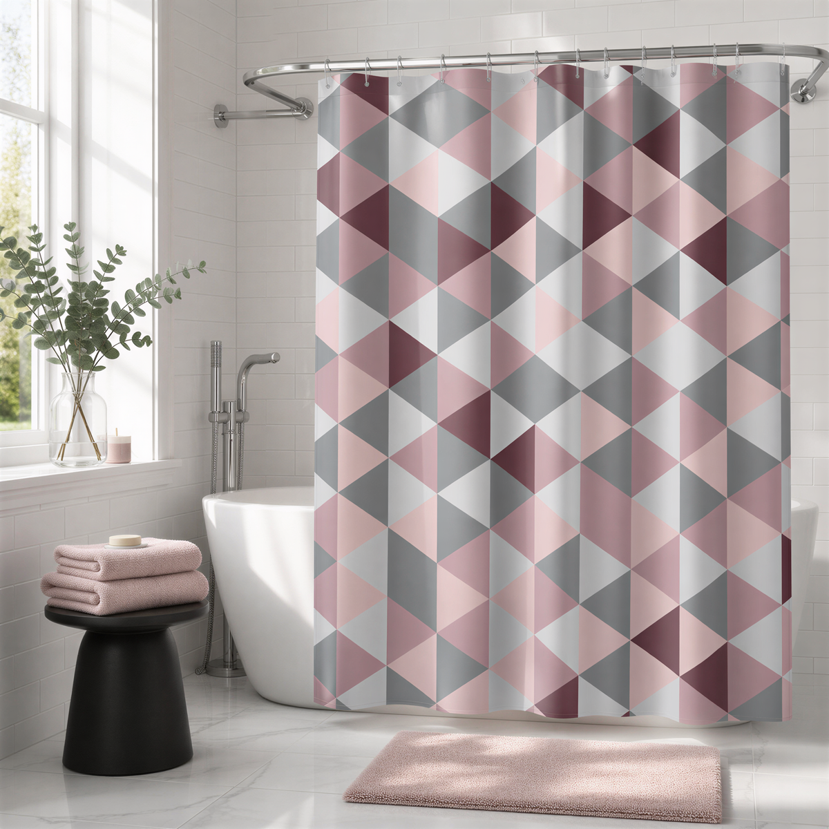 a bathroom with a white bathtub, a shower curtain with a geometric pattern in shades of pink, gray, and white, and a small plant on the windowsill.