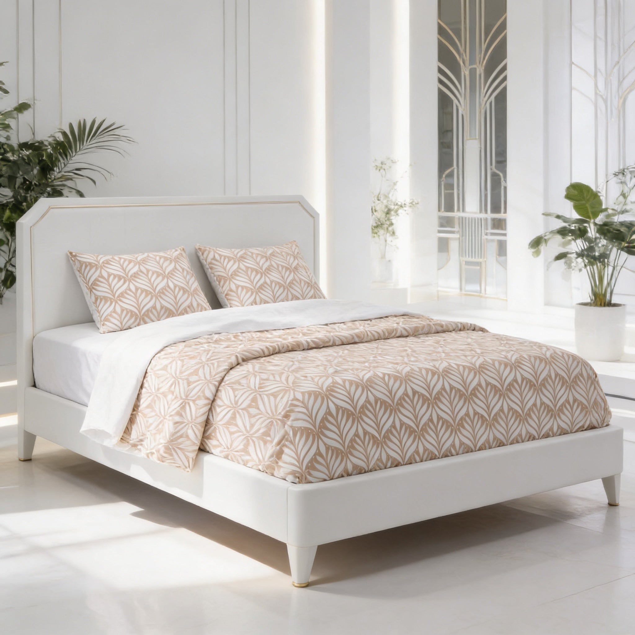 a white bed with a patterned bedspread and pillows, set against a backdrop of white walls and a window.