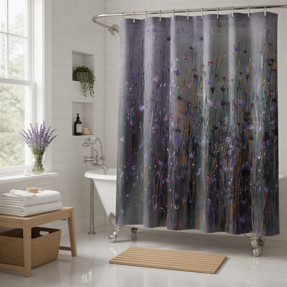 a bathroom with a white tiled wall, a white bathtub, a wooden bench, a window with a vase of purple flowers, and a shower curtain with a floral pattern.