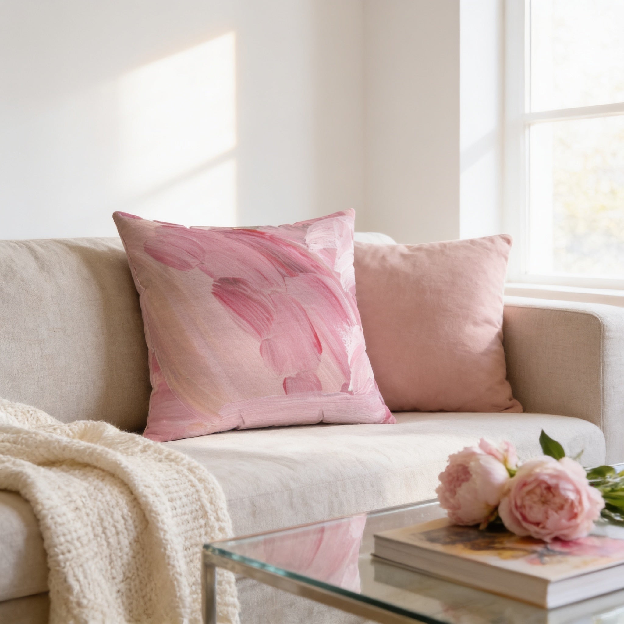 a cozy living room with a beige sofa adorned with two pink throw pillows, a glass coffee table in front of the sofa, and a bouquet of pink flowers on the table.