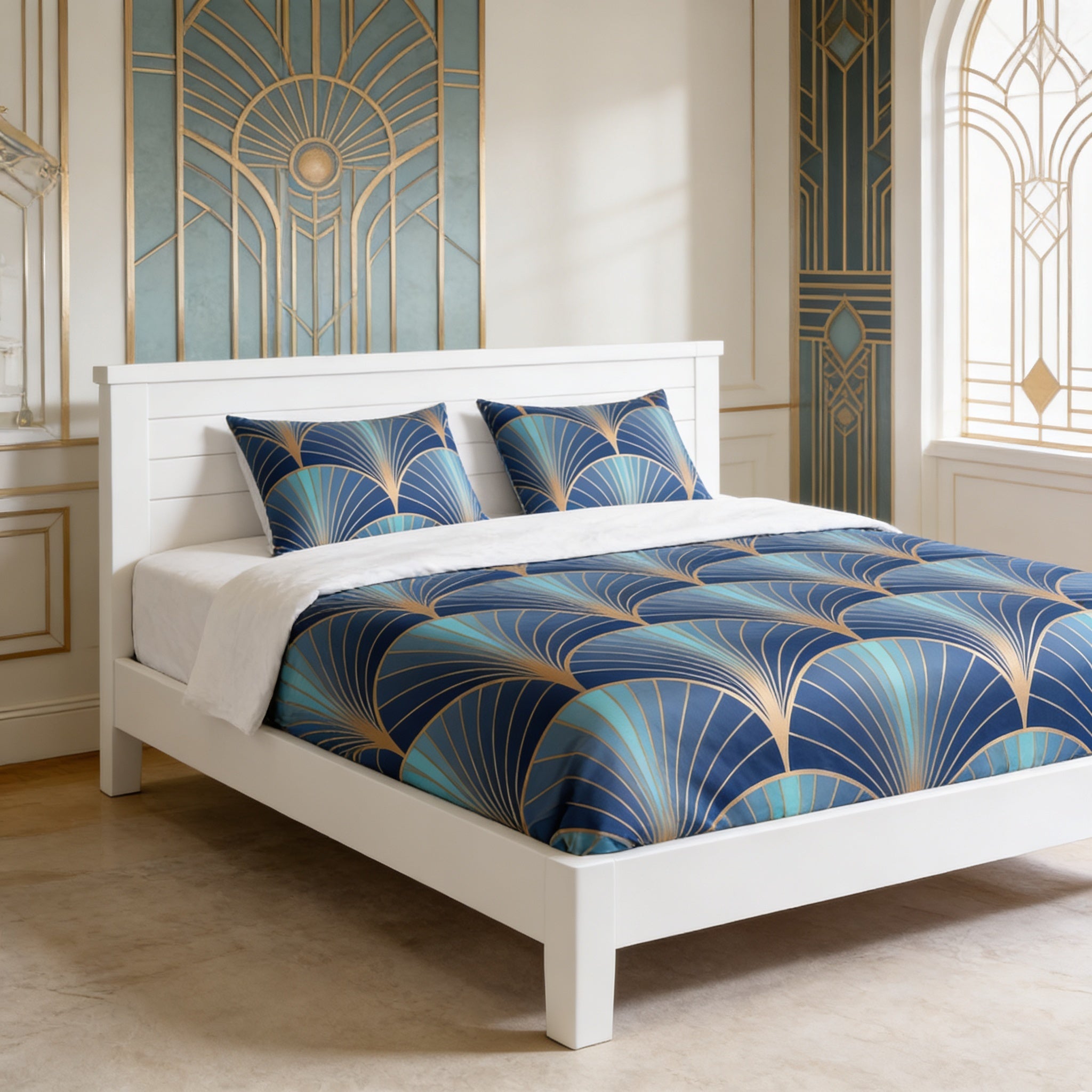 a bedroom with a white wooden bed frame, a blue and gold patterned comforter, and two matching pillows. The room has a modern and elegant design, with a large window and a decorative wall behind the bed.
