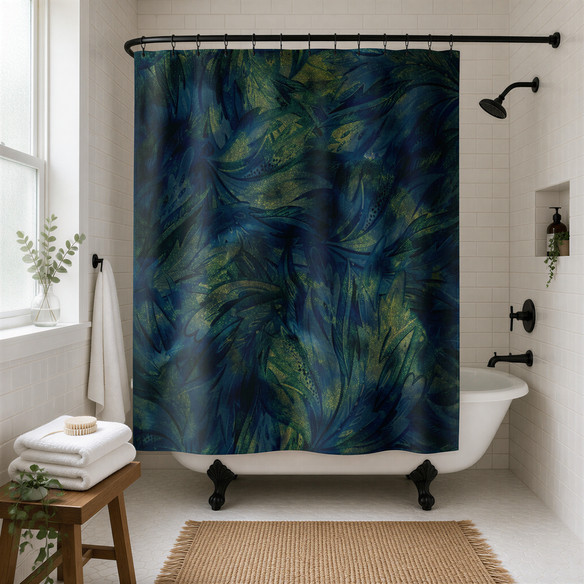 a bathroom with a white bathtub, a shower curtain with a vibrant blue and green abstract pattern, and a wooden stool.