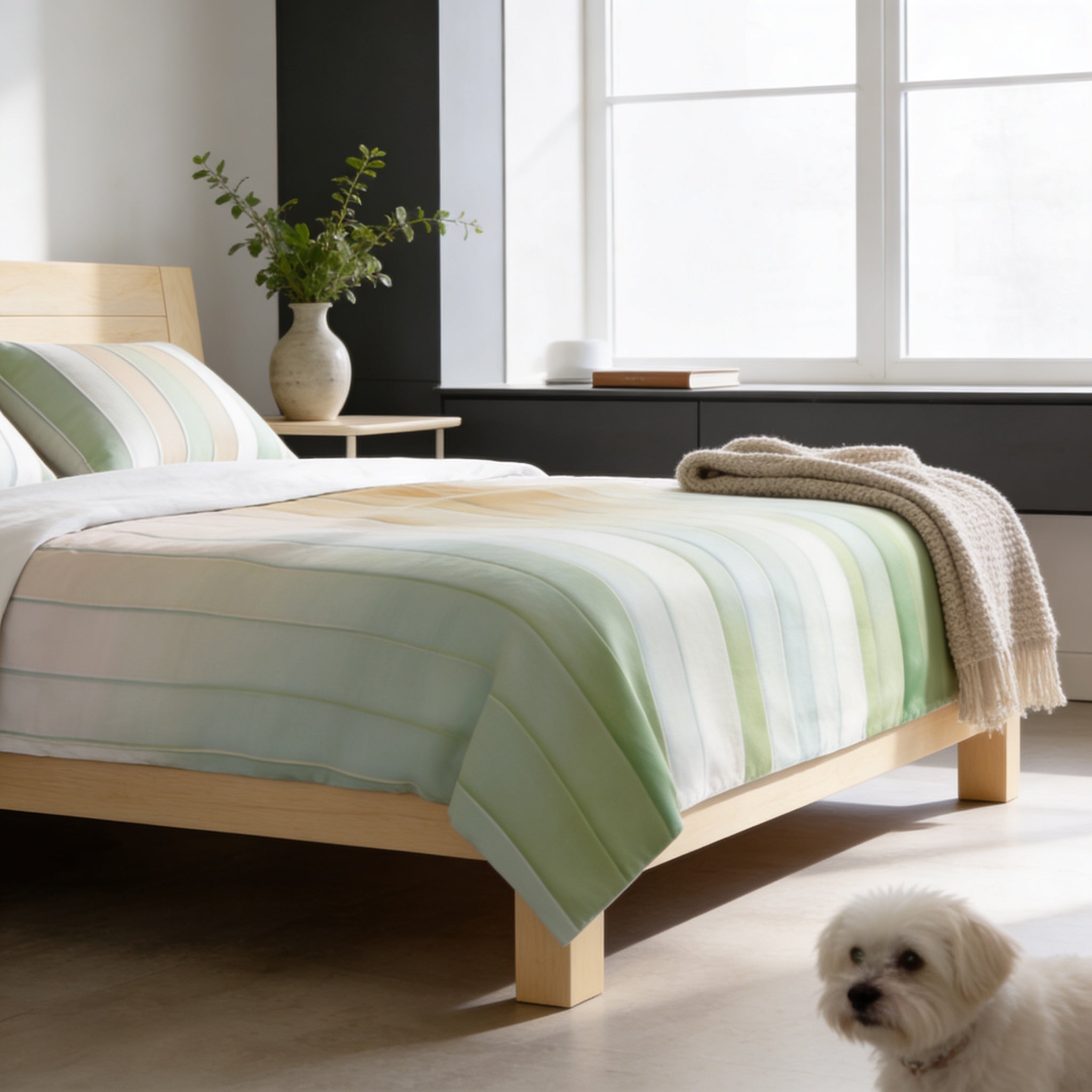 a cozy bedroom scene with a bed, a nightstand, and a window. A small dog is sitting on the floor in front of the bed, looking up at the camera.