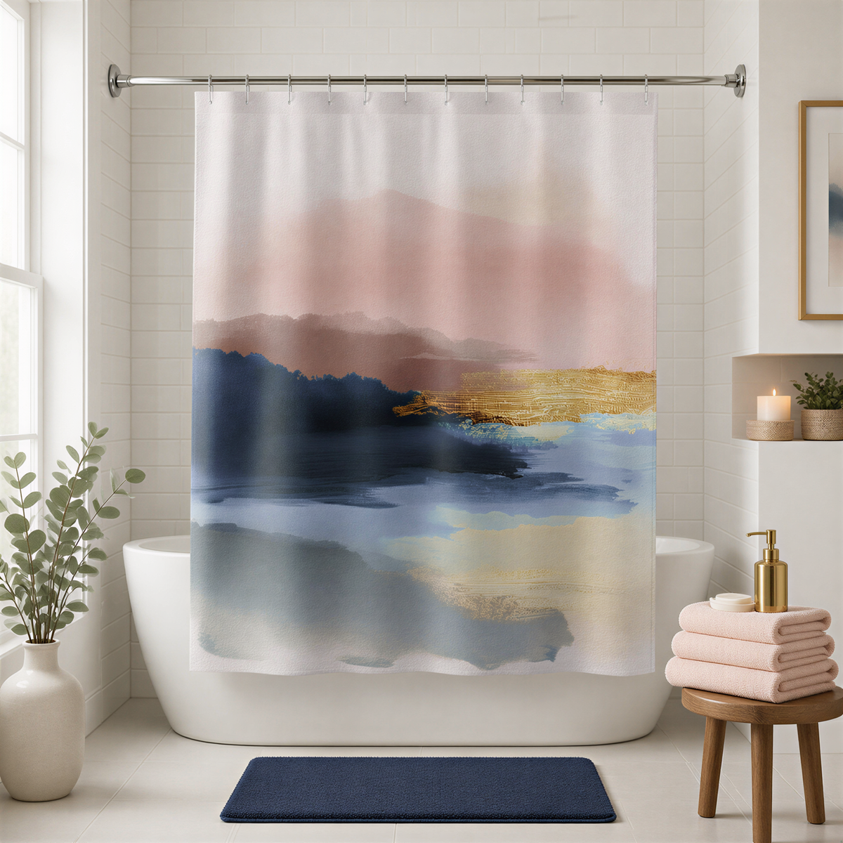 a bathroom with a white bathtub, a shower curtain featuring a colorful abstract painting, and a wooden stool with a stack of pink towels.