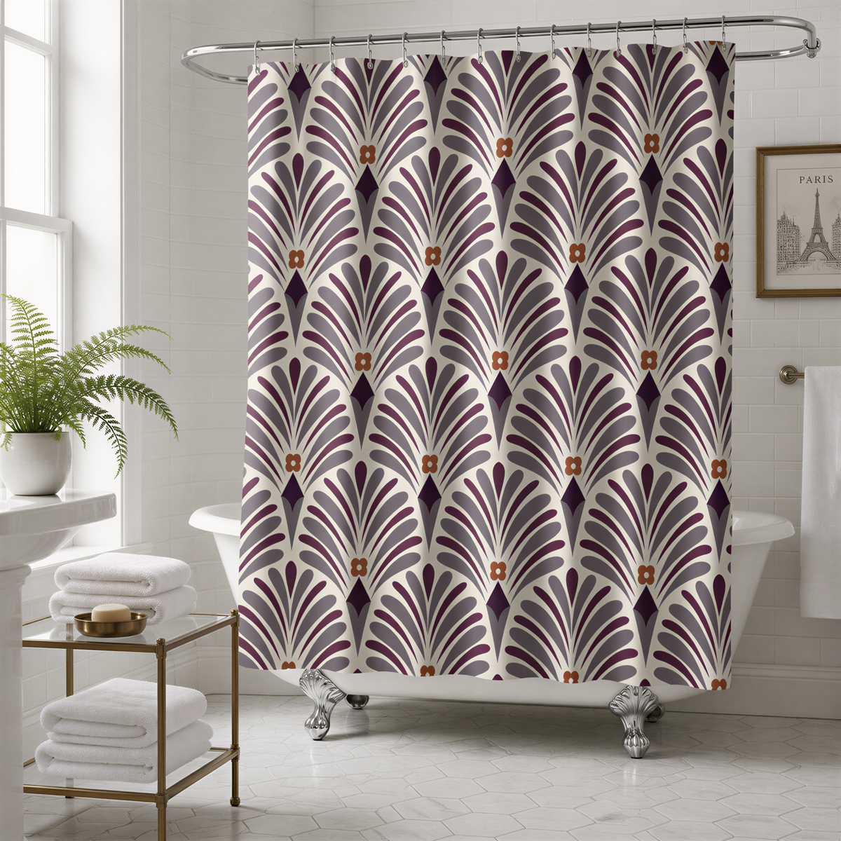 a bathroom with a white bathtub, a shower curtain with a repeating pattern of purple and white feathers, and a framed picture of the Eiffel Tower on the wall.