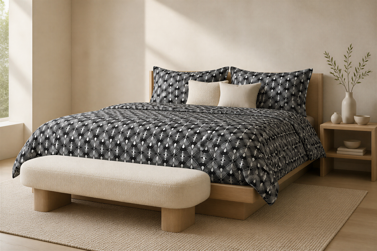 a modern bedroom with a large bed, a white bench, and a small side table with a vase of greenery.