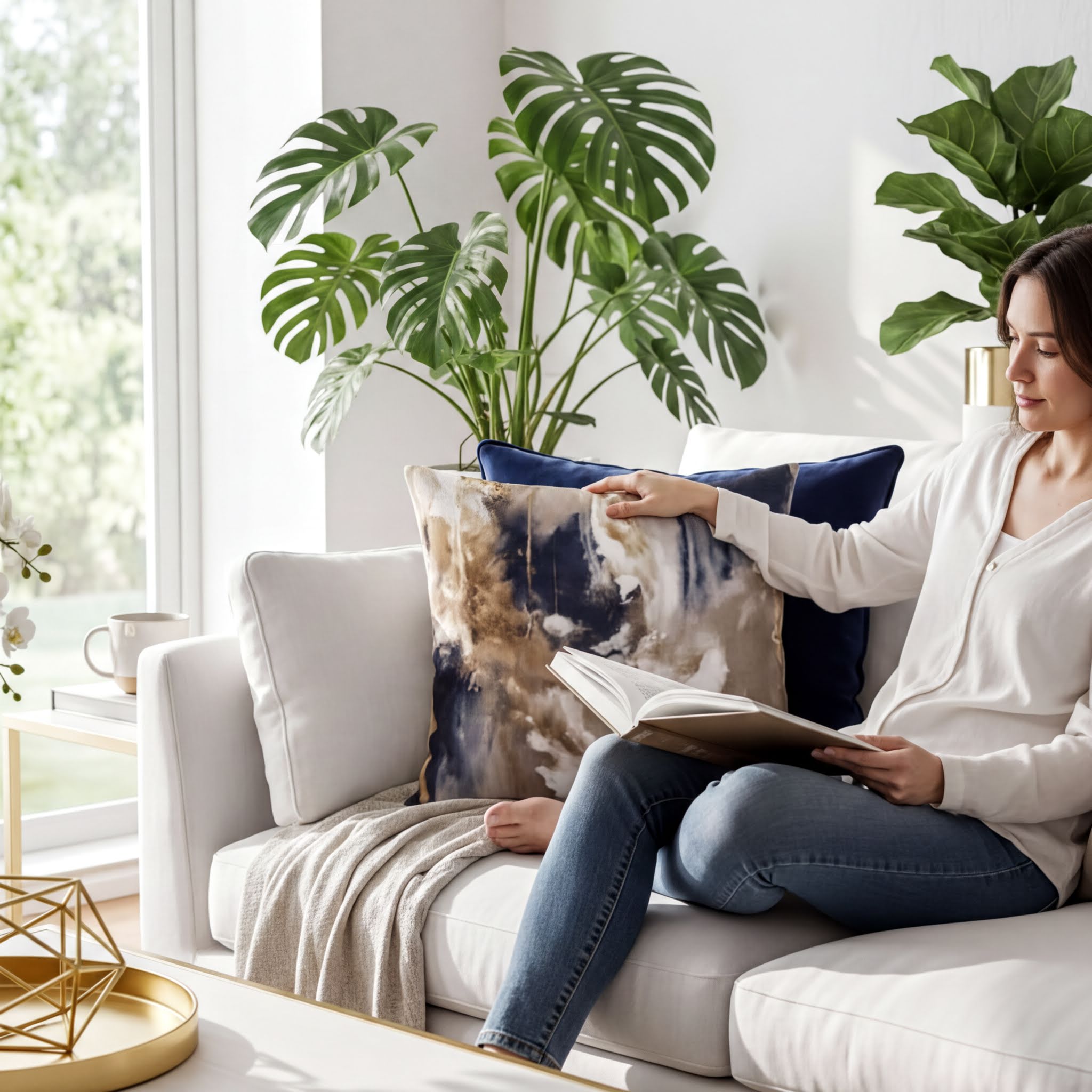 A woman is sitting on a white couch, reading a book, with a large potted plant and a gold tray nearby.