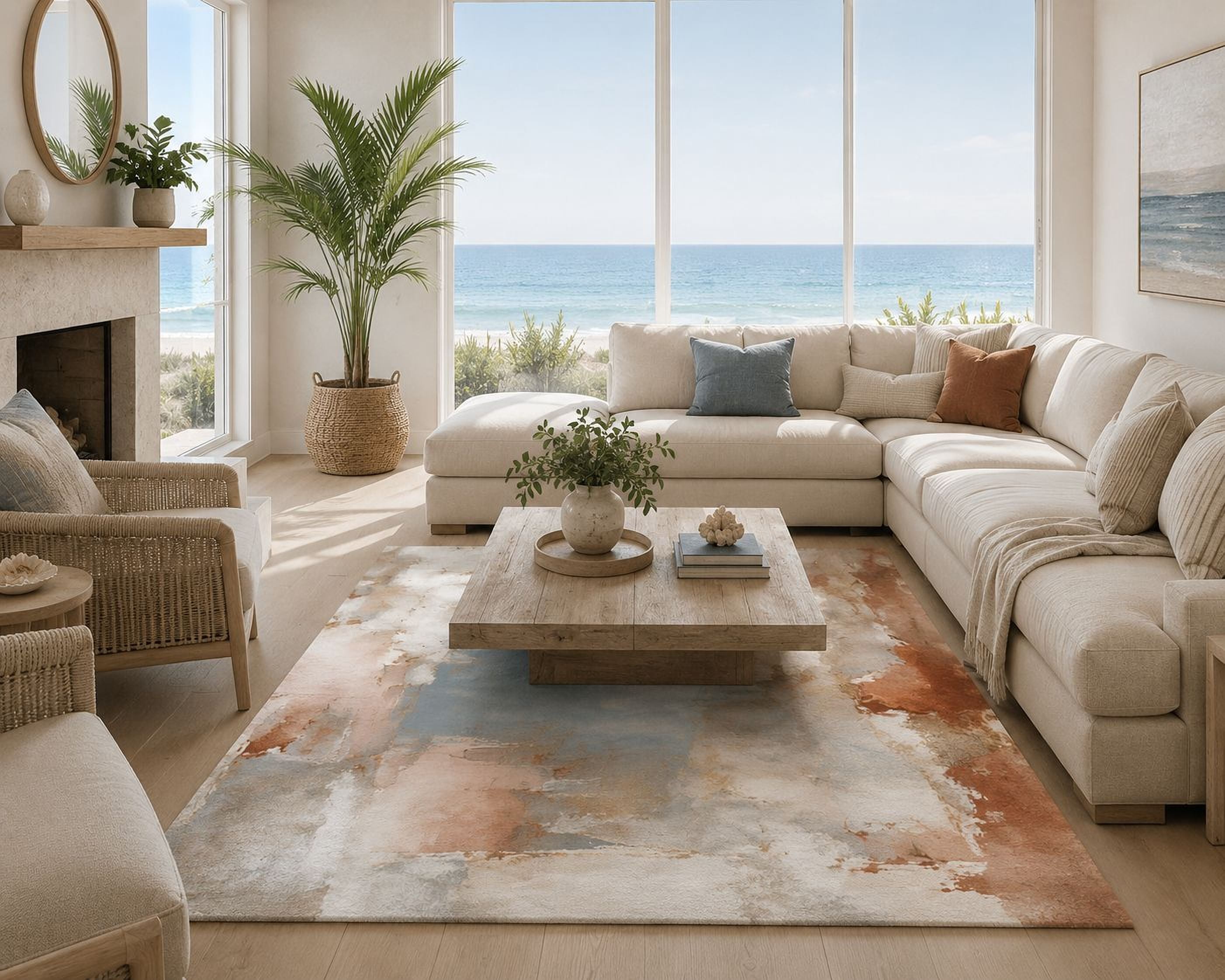a spacious living room with large windows overlooking the ocean. The room is furnished with a large sectional sofa, a coffee table, and a rug. The room is decorated with potted plants, a vase, and a painting, creating a cozy and inviting atmosphere.