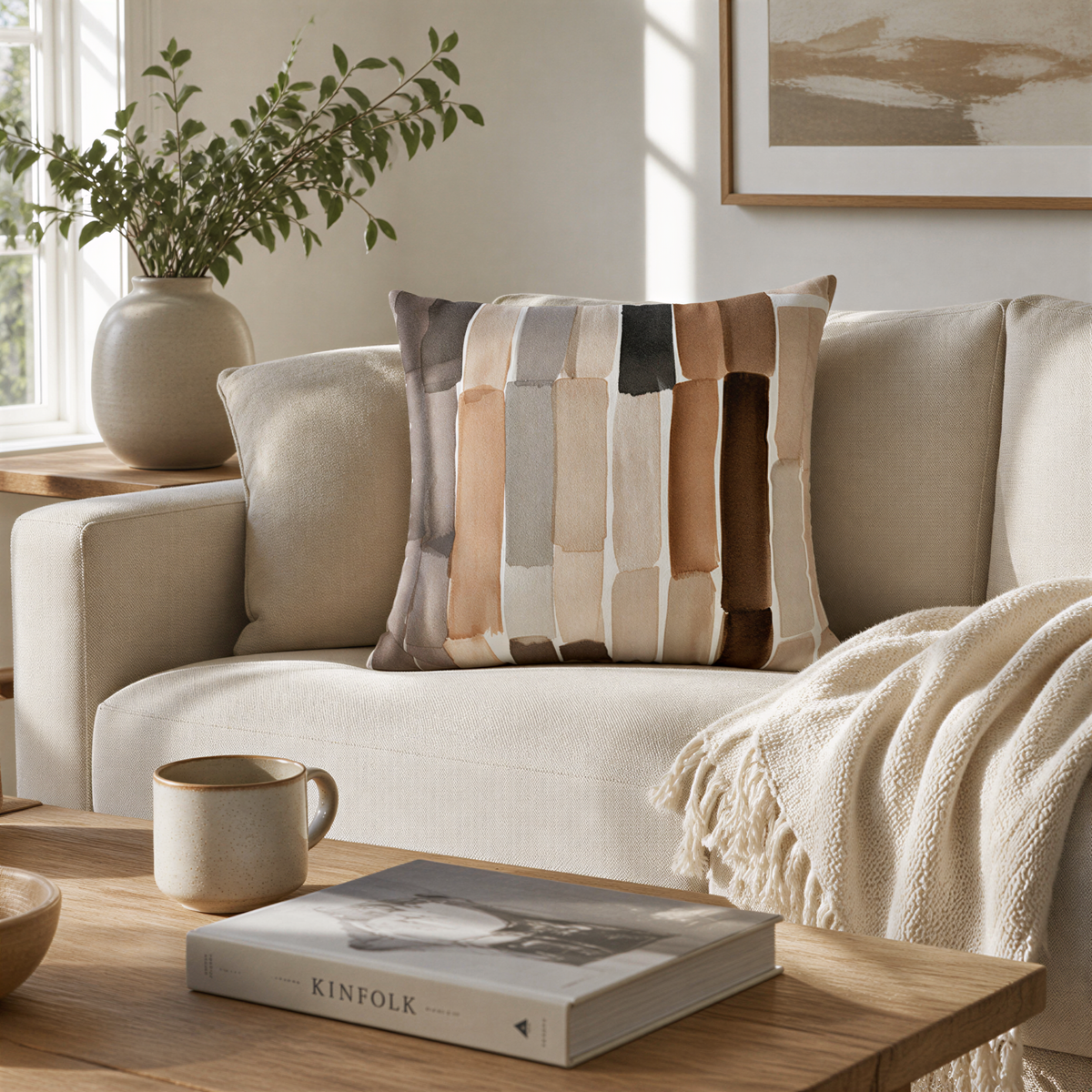 a cozy living room with a beige sofa, a coffee table with a book and a mug, and a plant in a vase. The room has a neutral color palette with a touch of brown and beige accents, creating a warm and inviting atmosphere.