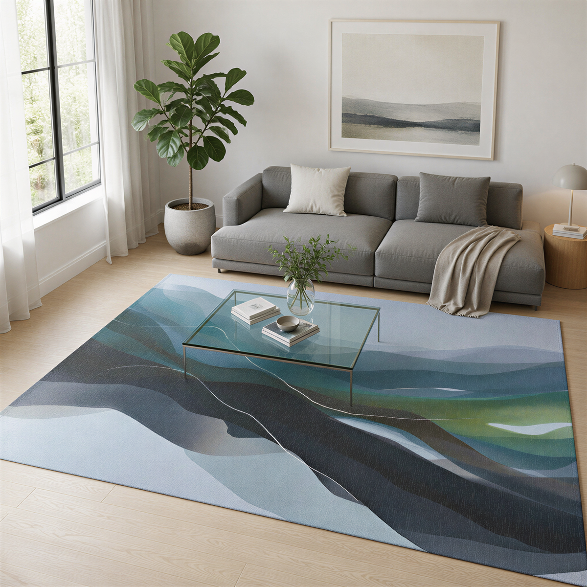 a modern living room with a gray sofa, a glass coffee table, and a large abstract rug on the floor. The room is decorated with a potted plant, a vase of flowers, and a framed landscape painting on the wall.