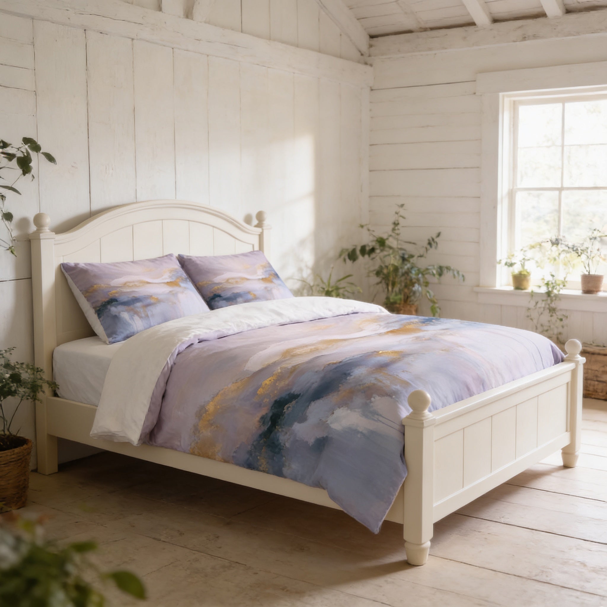 a cozy bedroom with a white wooden bed frame, a colorful comforter, and a window with plants on the sill.