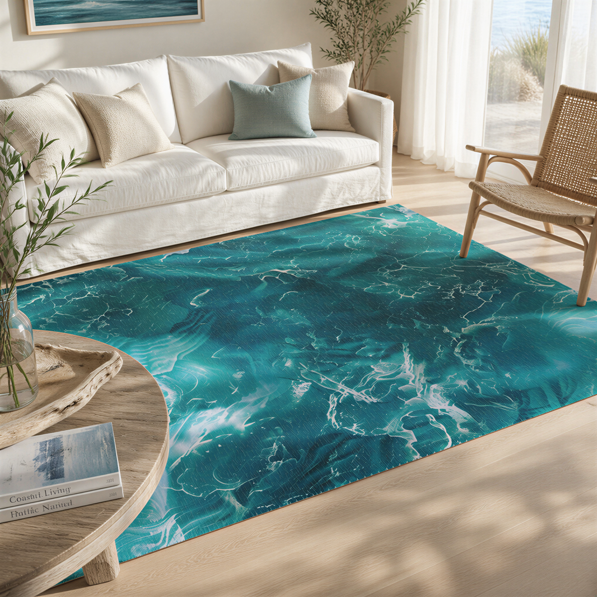 a living room with a white sofa, a round wooden table, and a rug with a blue and white ocean wave pattern.