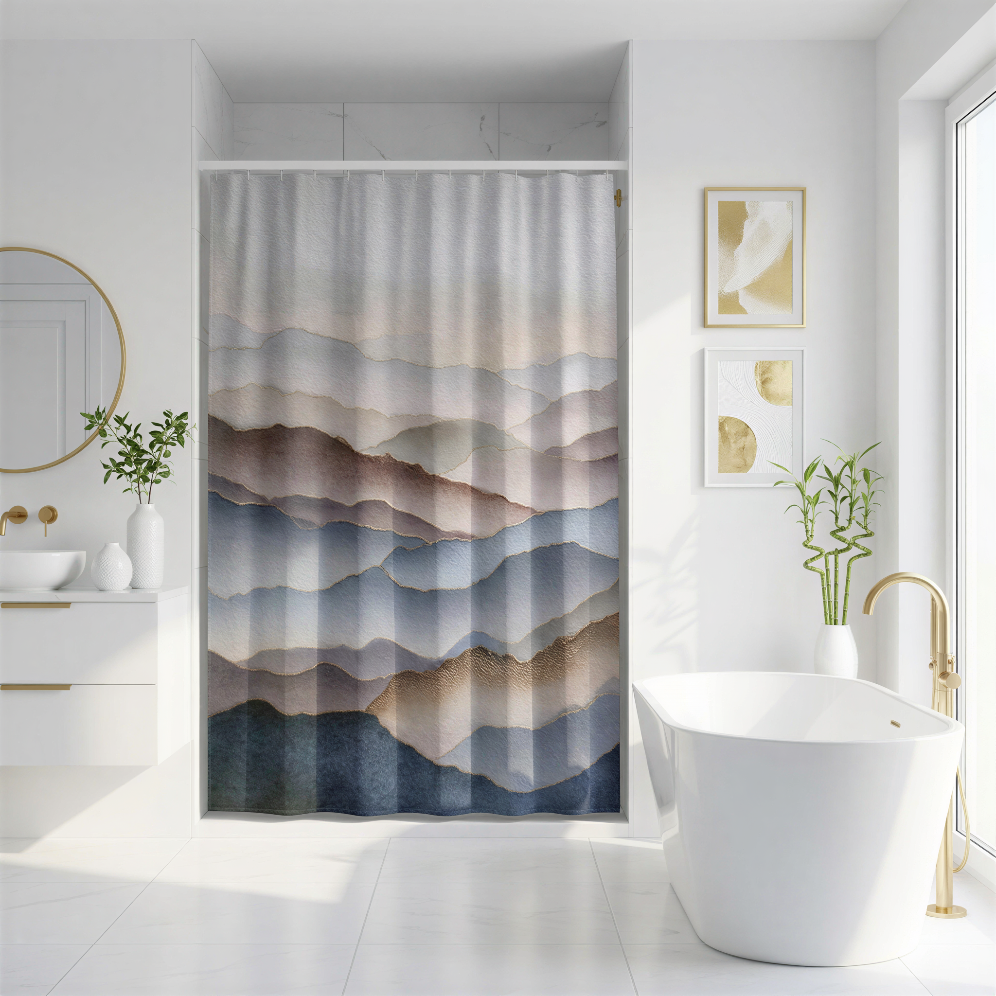 a modern bathroom with a large white bathtub, a shower curtain with a mountain landscape design, and a round mirror above the sink.