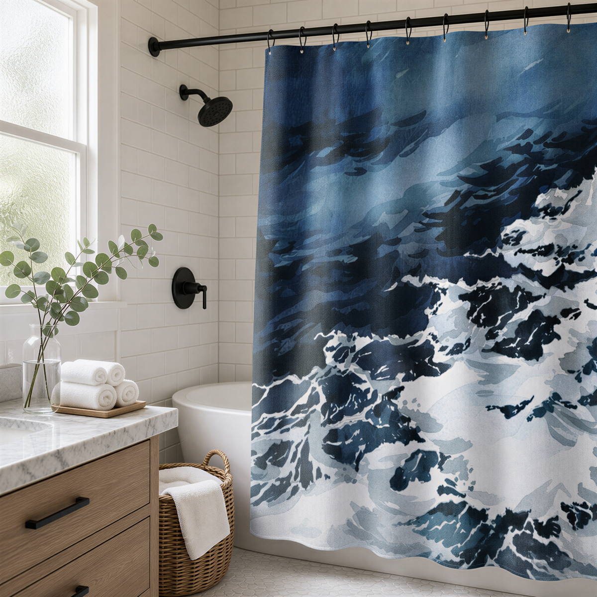 a bathroom with a shower curtain featuring a blue and white wave pattern, a white bathtub, a wooden cabinet, and a wicker basket.
