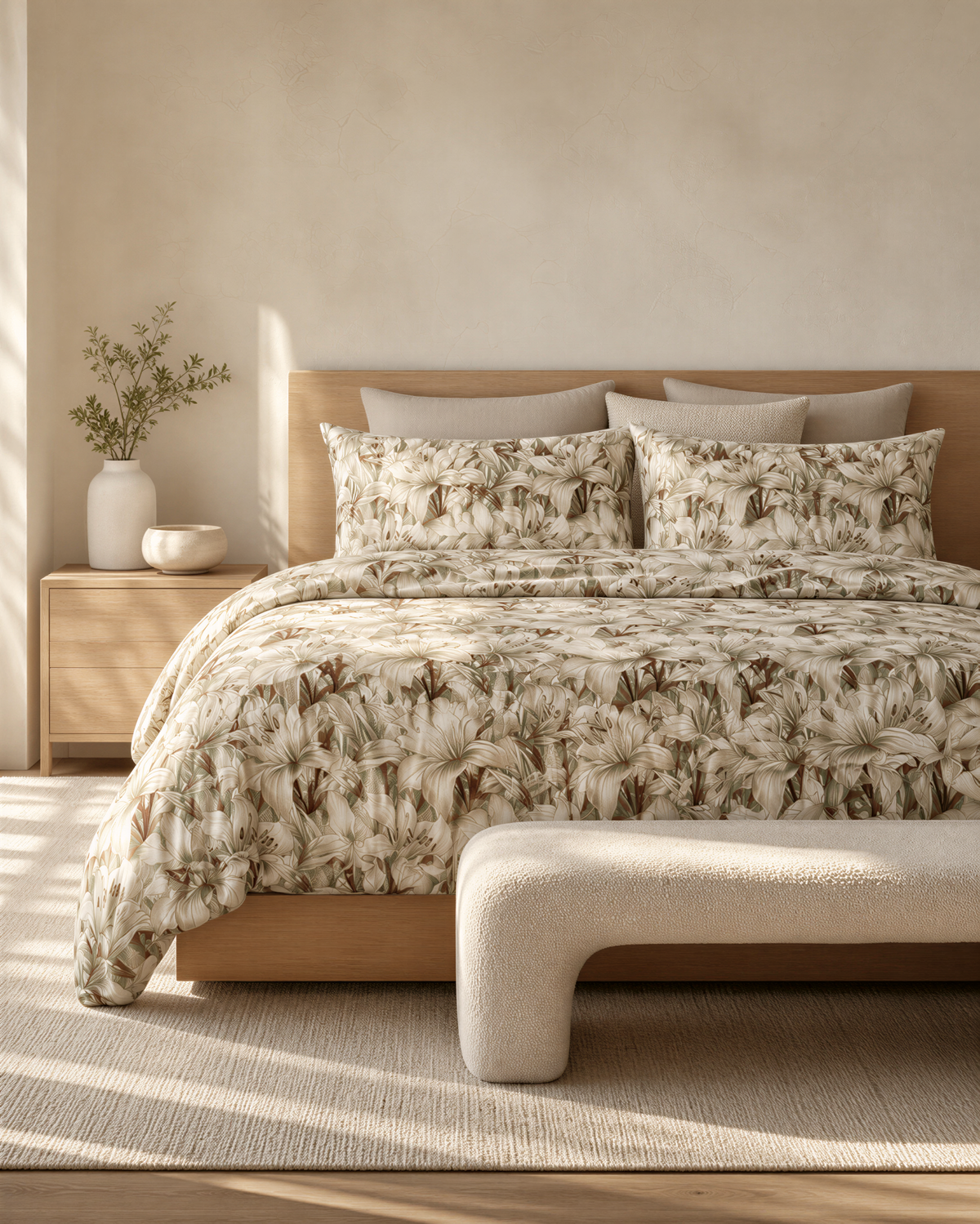 a serene and cozy bedroom with a large bed adorned with a floral print comforter and pillows. The bed is positioned against a wall, and a wooden nightstand is placed next to it. A vase of greenery and a bowl are also present on the nightstand. The room has a neutral color palette, with a rug on the floor and a window letting in natural light.
