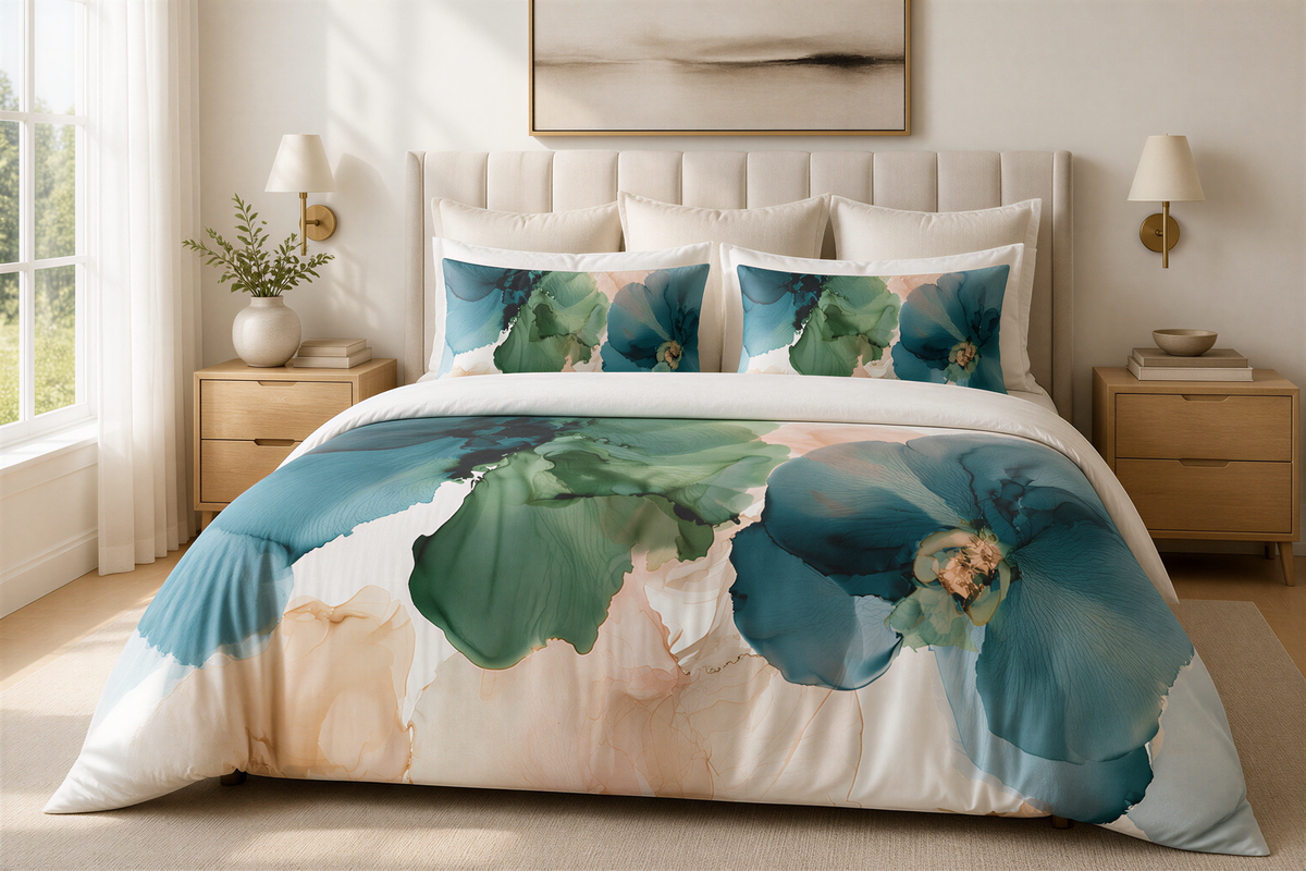 a bed with a blue flower on it