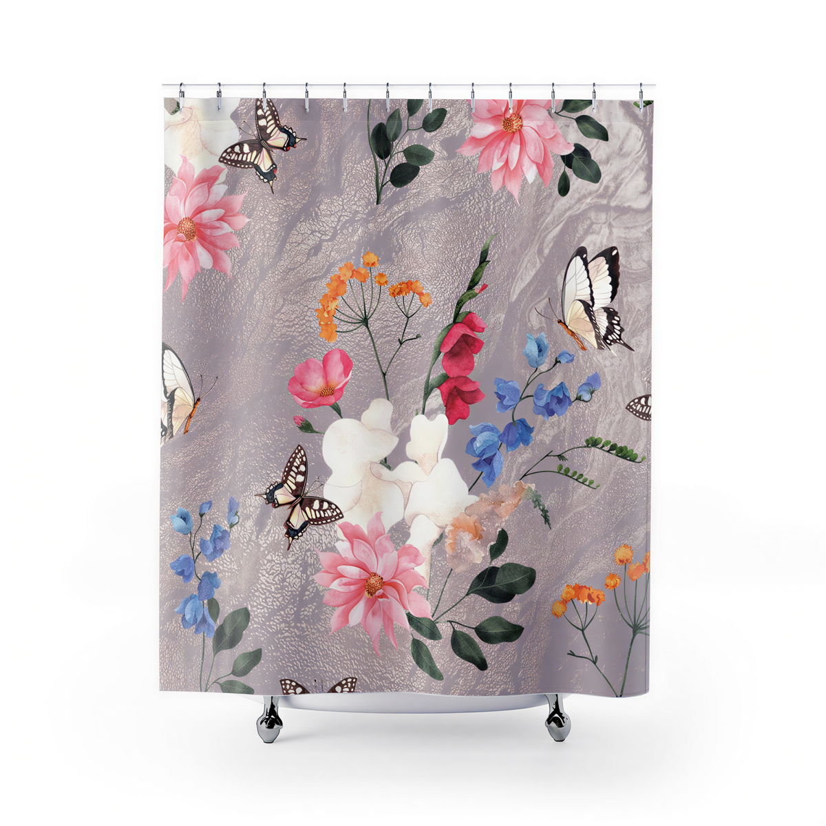 Floral Shower Curtain Lavender Butterflies hanging in a bathroom
