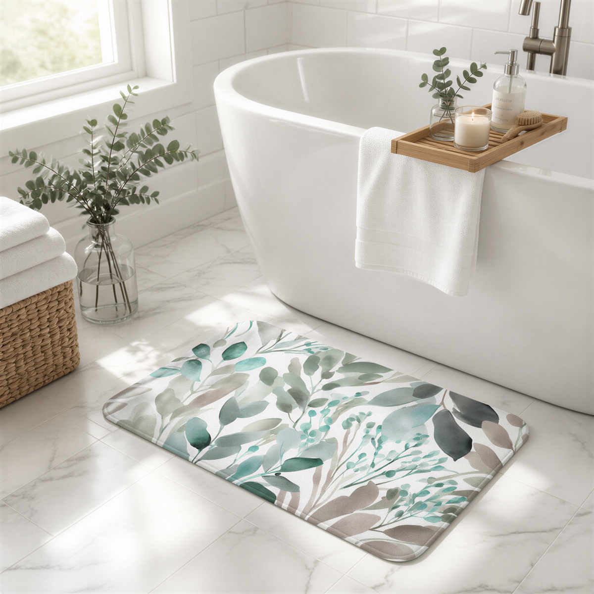 a serene and well-organized bathroom, featuring a white bathtub, a wooden tray with candles and a soap dispenser, a green and white bath mat, and a vase of greenery.