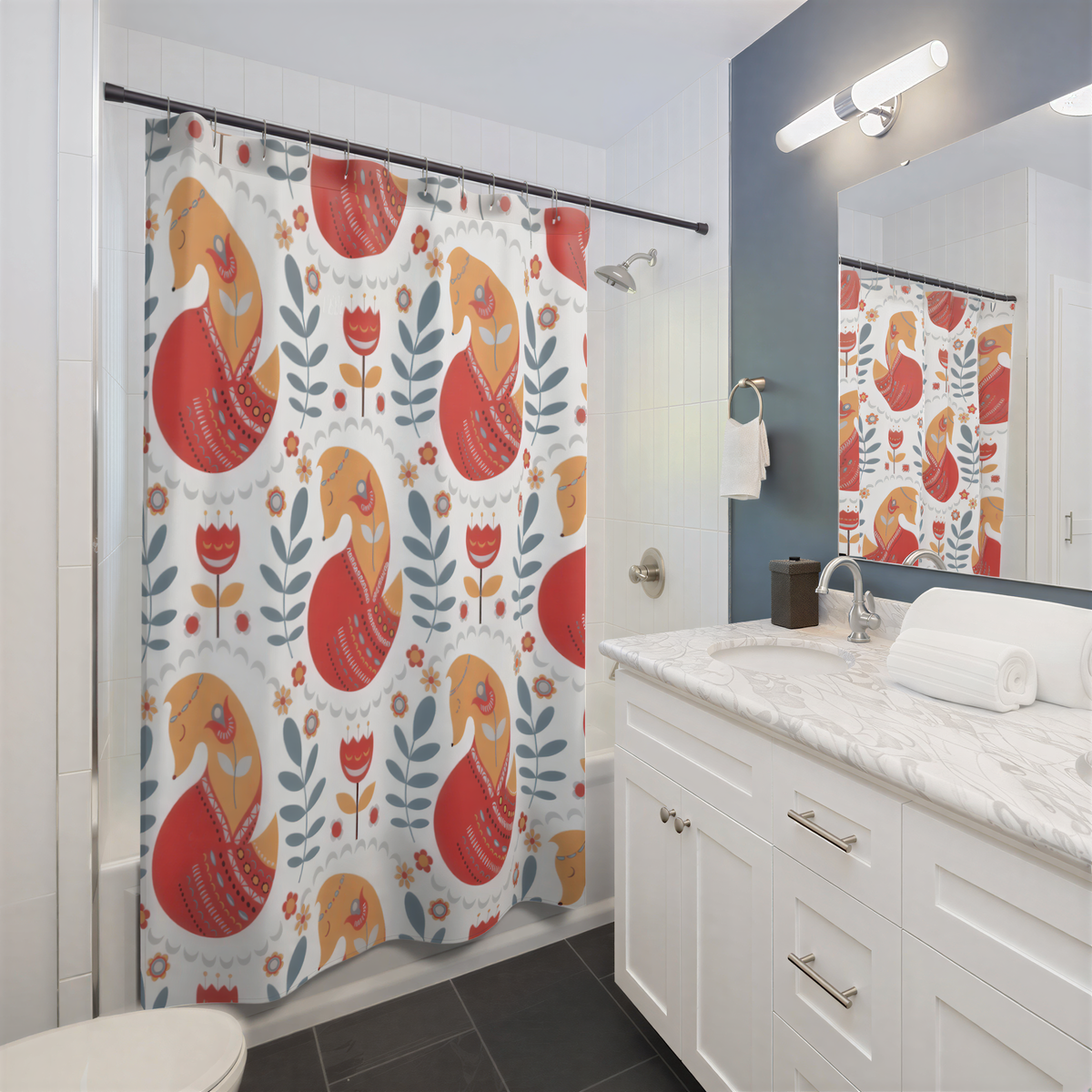 Christmas Shower Curtain Orange White Red Nordic Fox hanging in a bathroom
