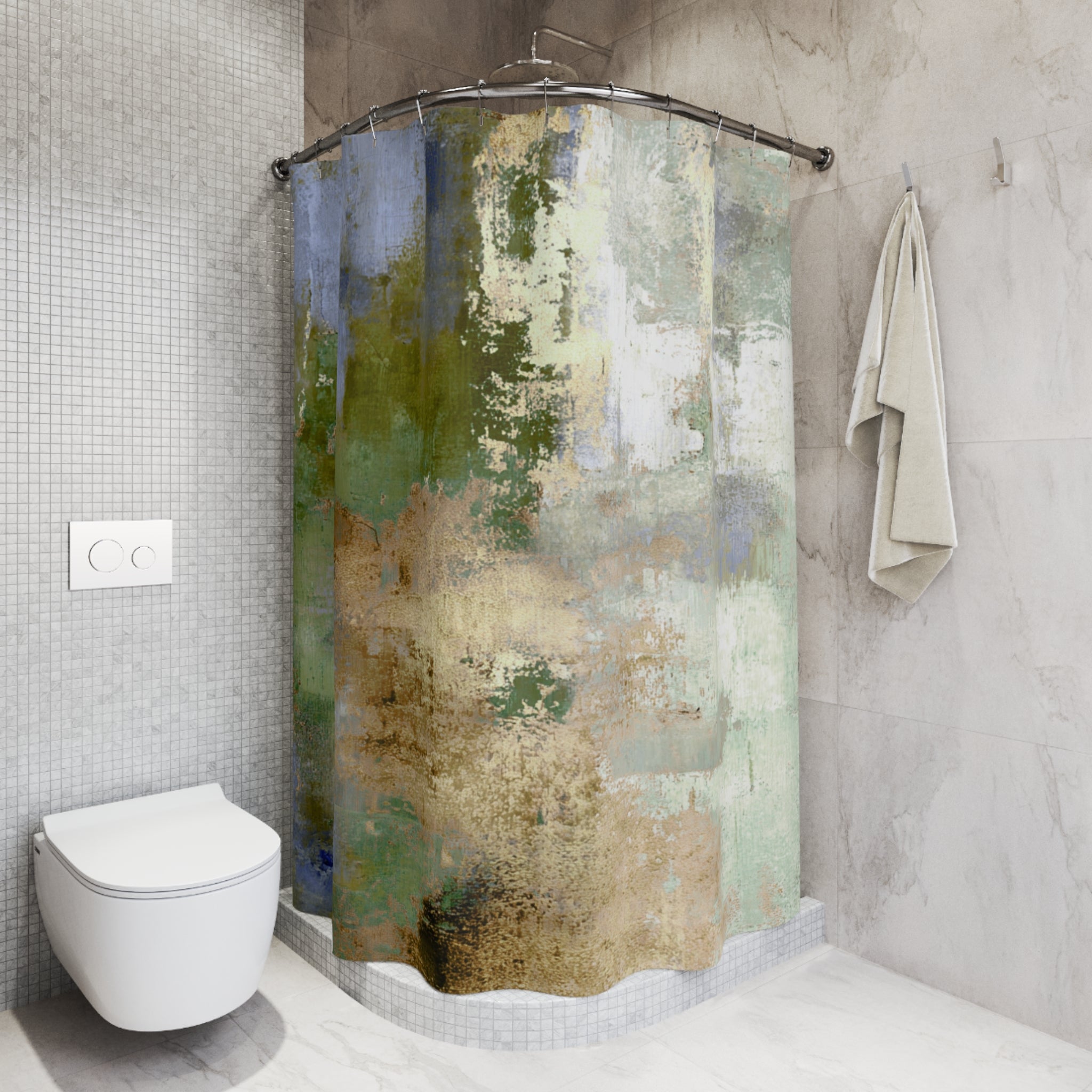 Boho Shower Curtain | Abstract Green Beige Bathroom Decor
