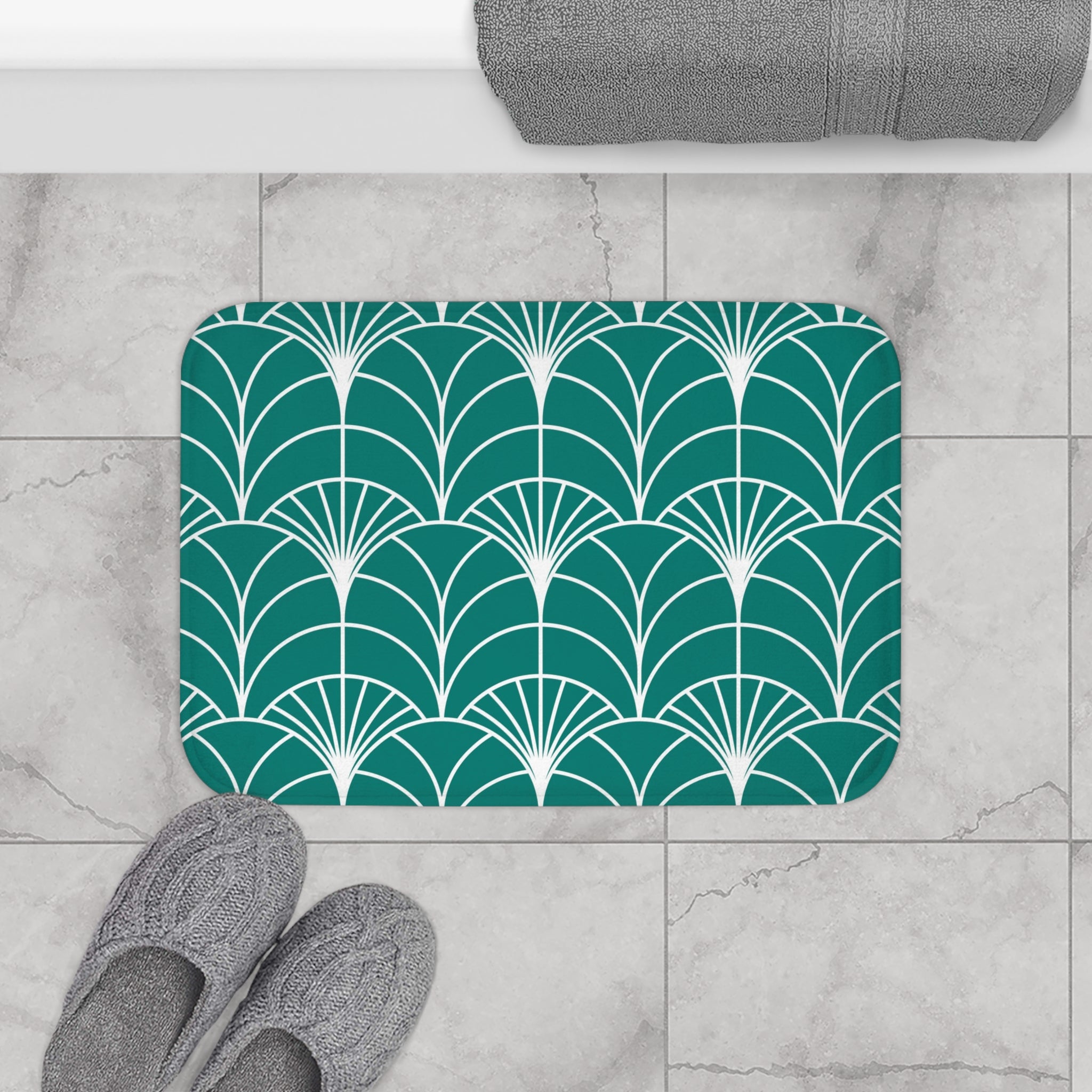 Copy of Boho Bath, Kitchen Mat |  Art Deco Sea Green White