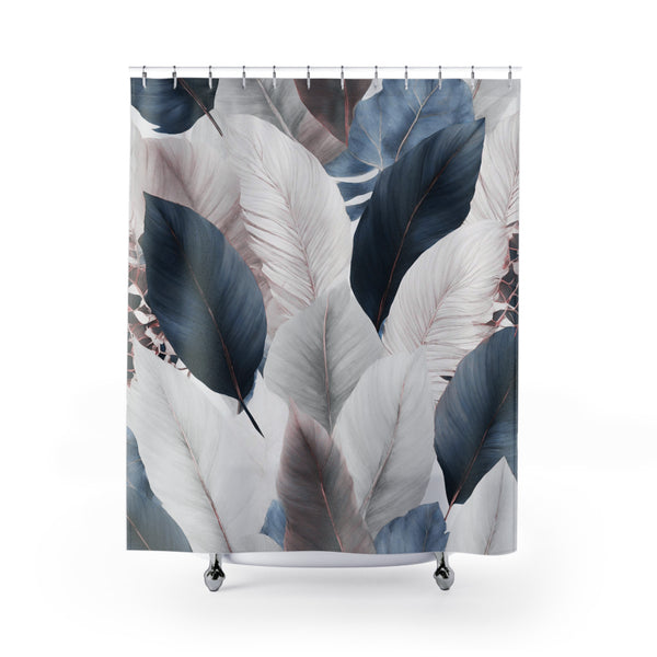 Boho Floral Shower Curtain | Navy Blue White Grey, Leaves