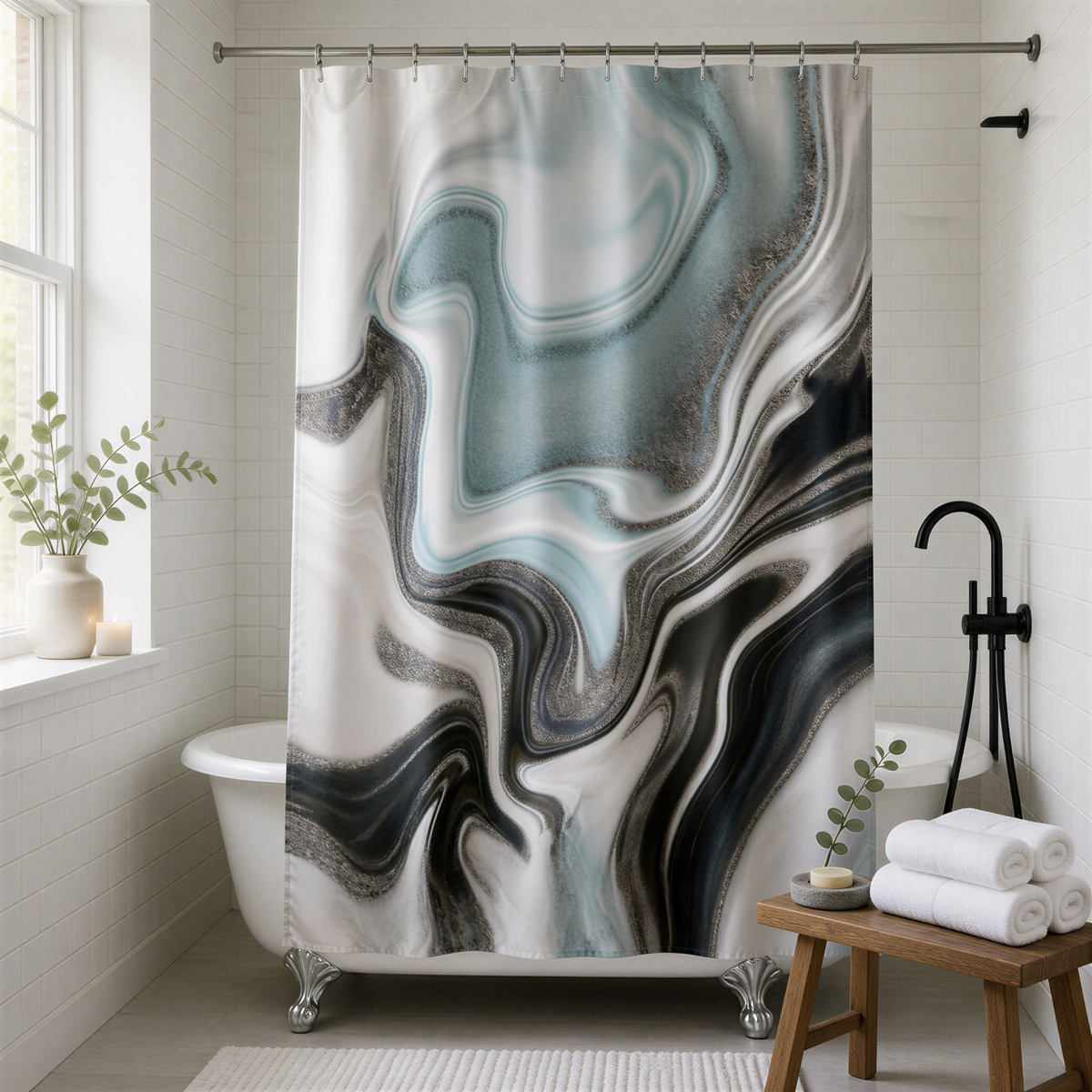 a bathroom with a white bathtub, a marble-patterned shower curtain, and a wooden stool.