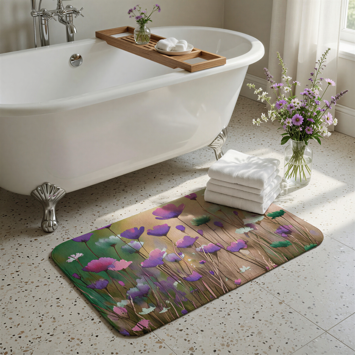 a bathroom scene with a white freestanding bathtub, a colorful floral bath mat, a vase of purple flowers, and a stack of white towels.
