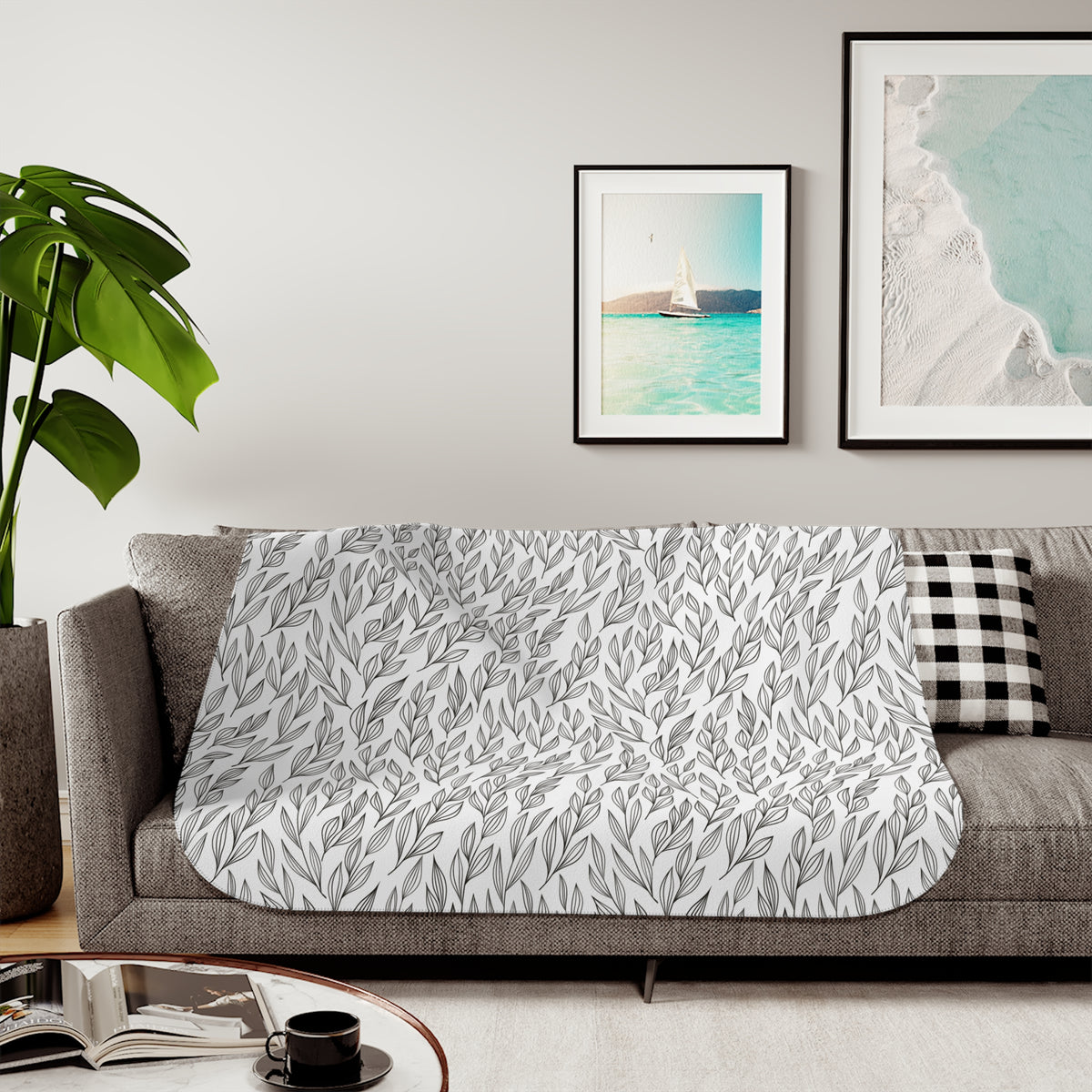 Black White Willow Leaf Sherpa Blanket | Minimalist Line Throw