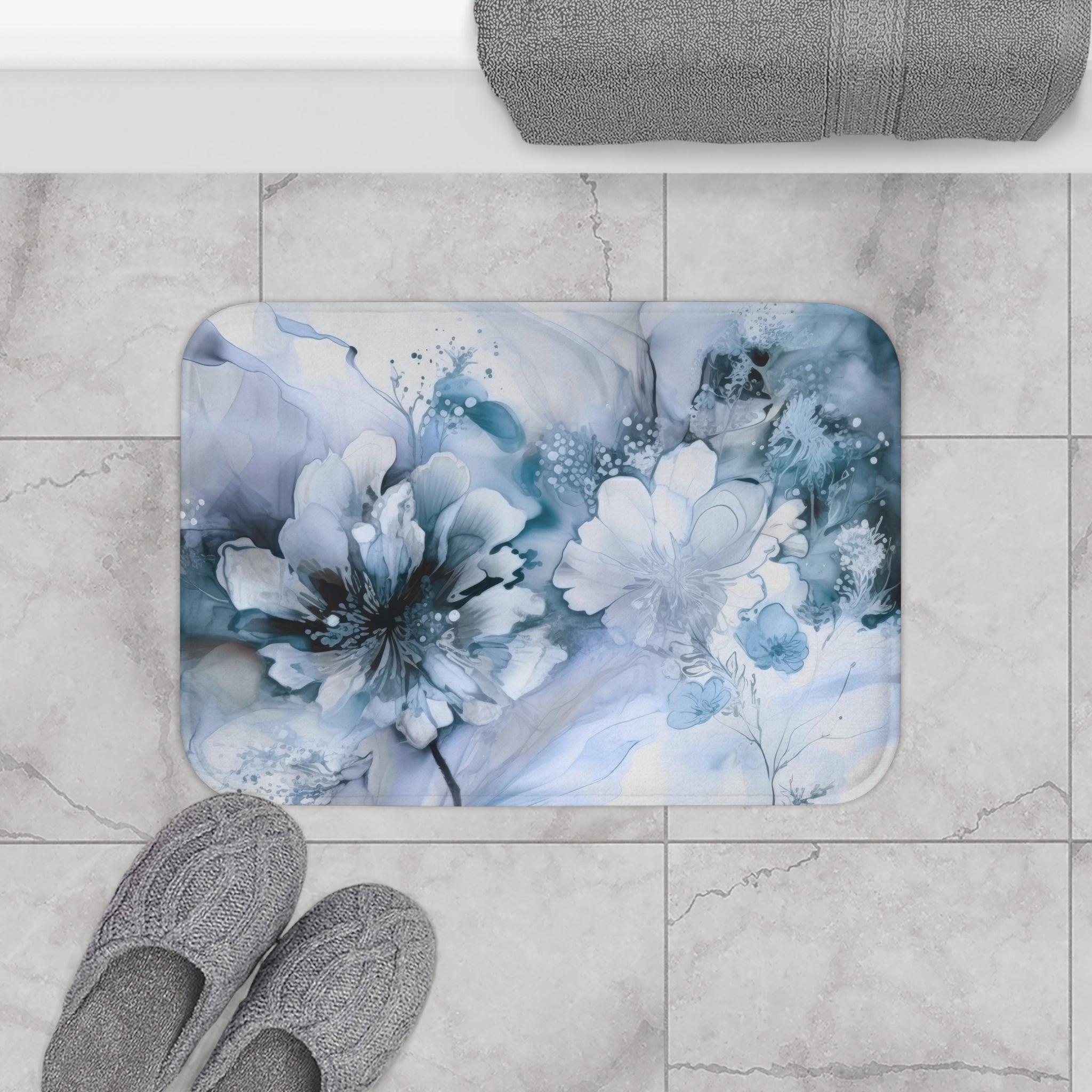 Floral Bath Mat | Pale Blue Watercolor Kitchen Mat