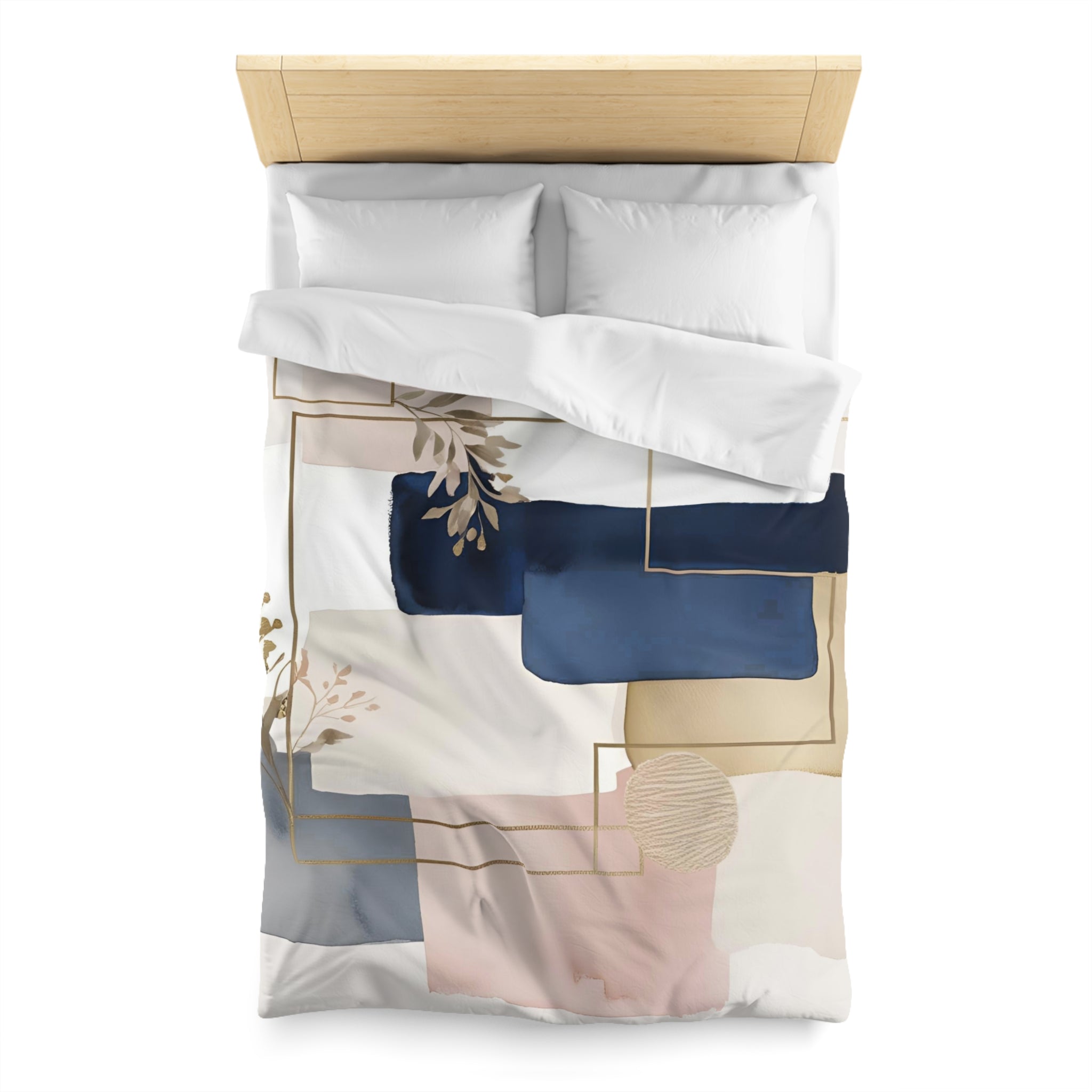 a bed with a white comforter and pillows, featuring a colorful abstract pattern on the comforter.