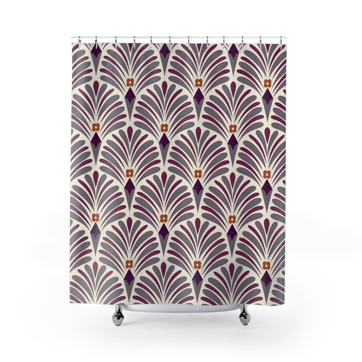 a square shower curtain with a repeating pattern of purple and gray feathers or leaves, along with small orange flowers or dots scattered throughout the design.