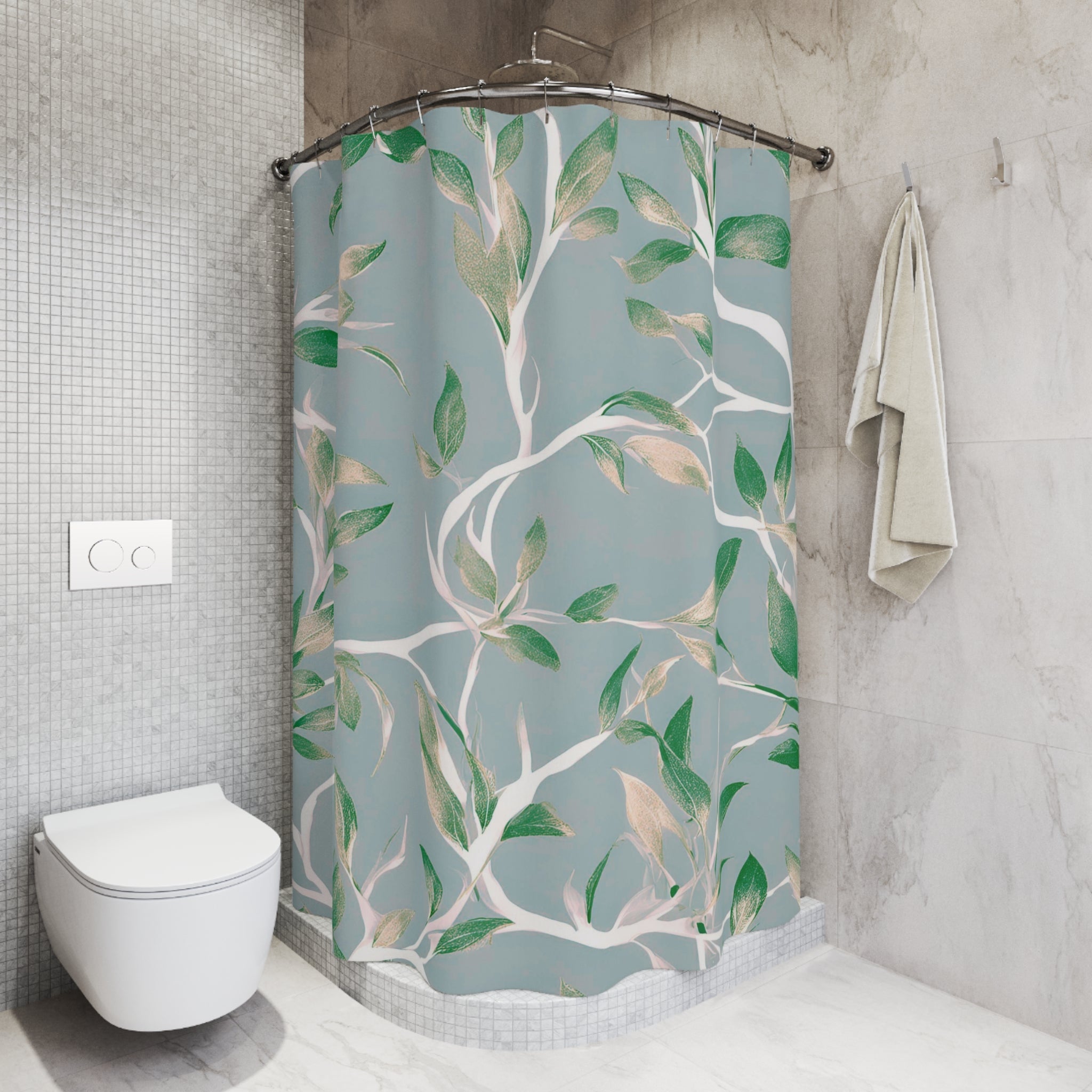 Boho Shower Curtain | Grey Green, Gold Beige White Leaves