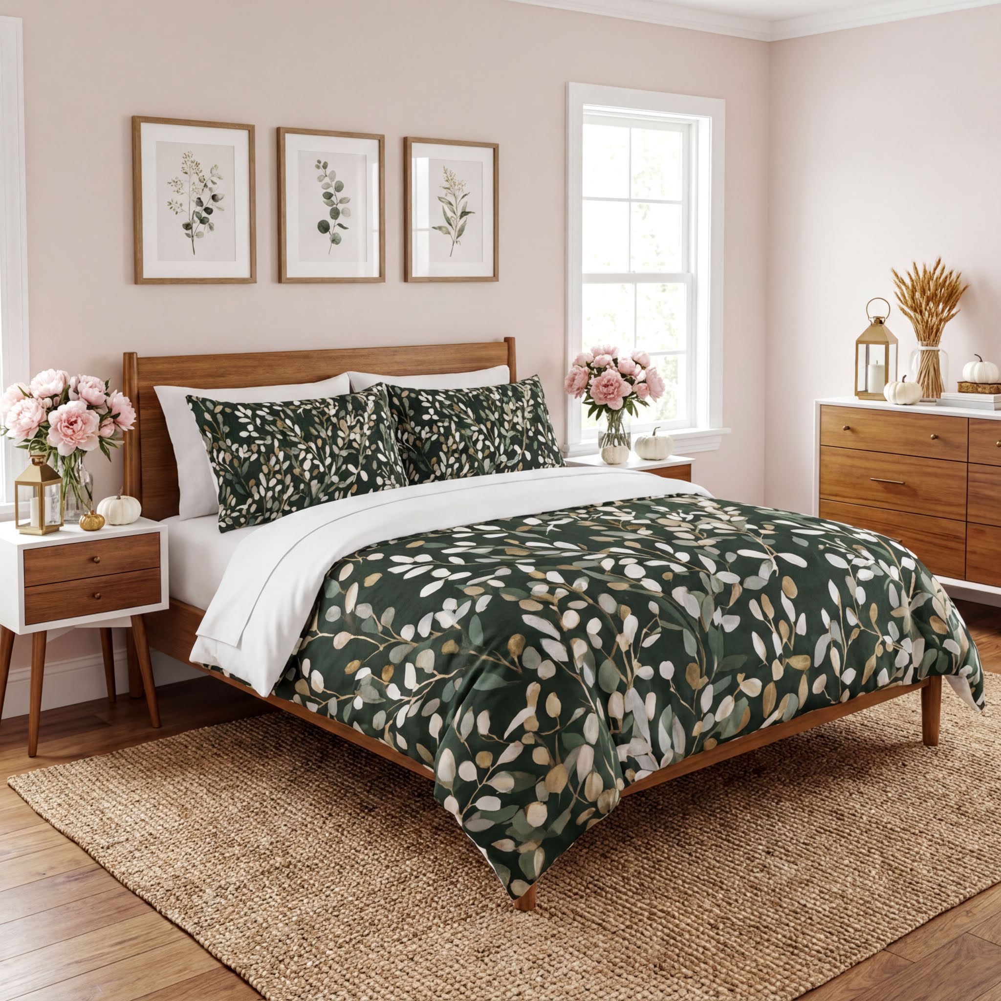 a bedroom with a large bed, a wooden headboard, and a green and white leaf-patterned comforter. The room has a neutral color scheme with a wooden floor and a beige rug. There are three framed pictures on the wall above the bed, and a dresser with a vase of flowers on top.