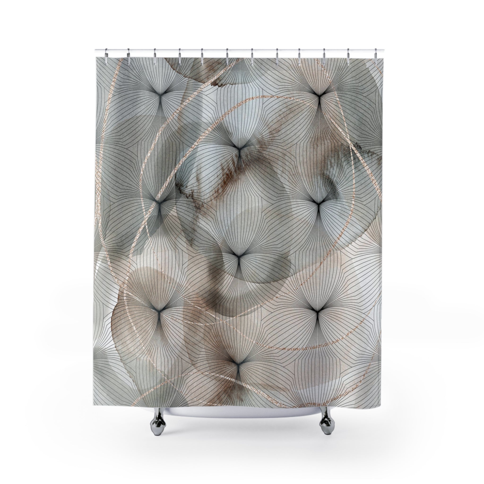 a shower curtain with a pattern of white flowers