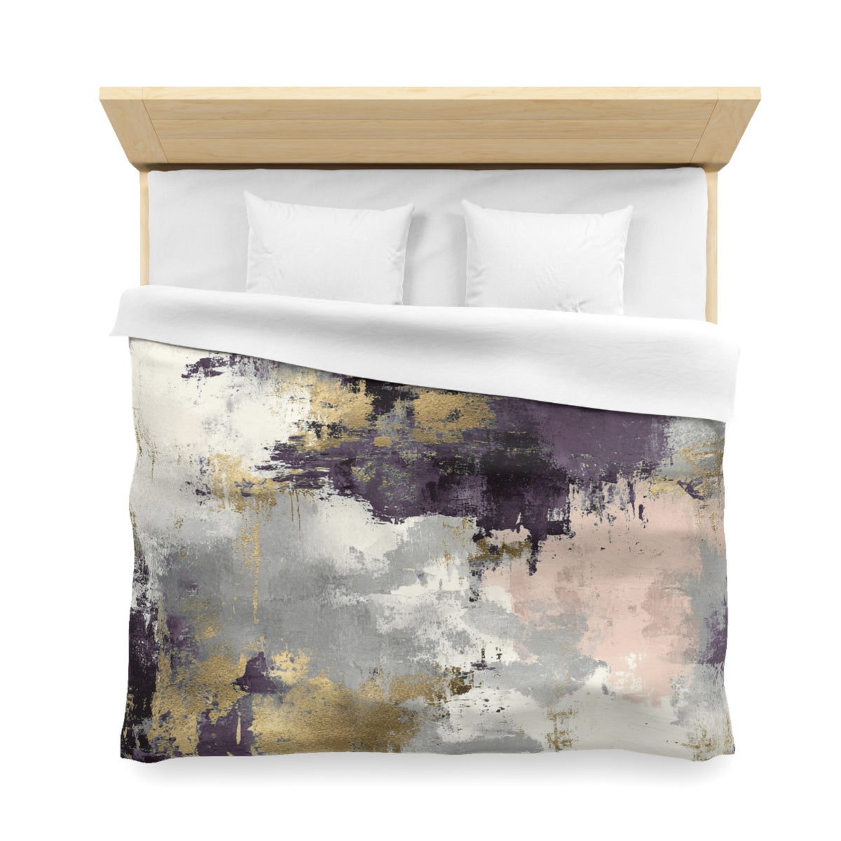 a bed with a wooden headboard and a white comforter featuring an abstract painting in shades of purple, gray, and gold.