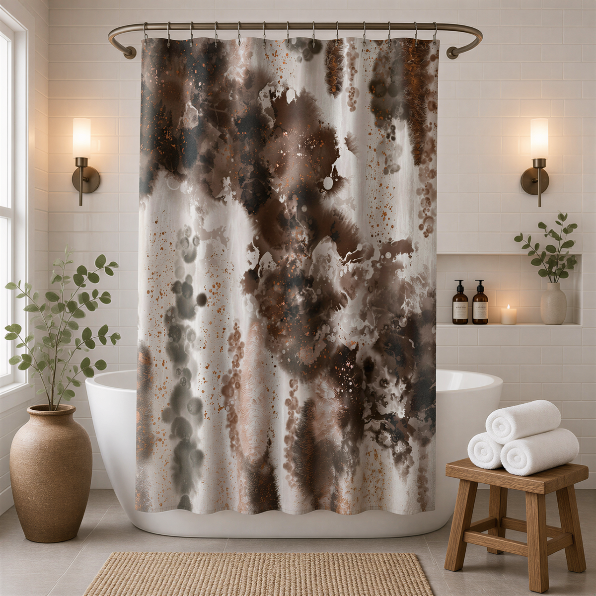a bathroom with a white bathtub, a shower curtain with a brown and black abstract design, and a wooden stool. The bathroom also features two potted plants and two bottles of soap.
