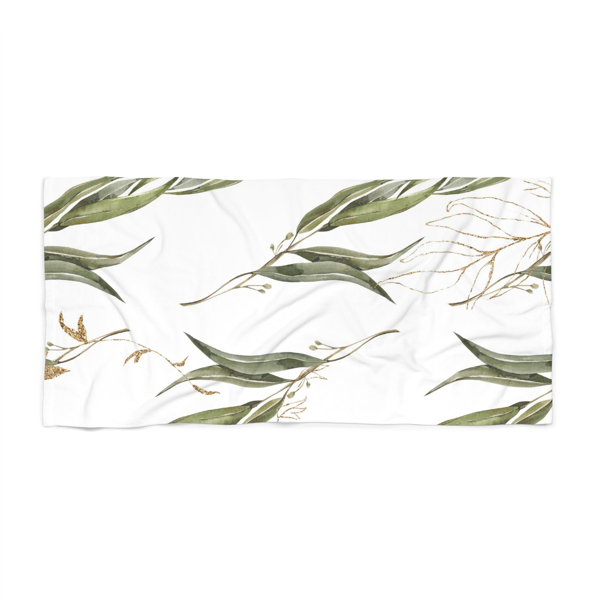 Bath Beach Towel | Boho Floral, Sage Green, White Gold Beige Leaves